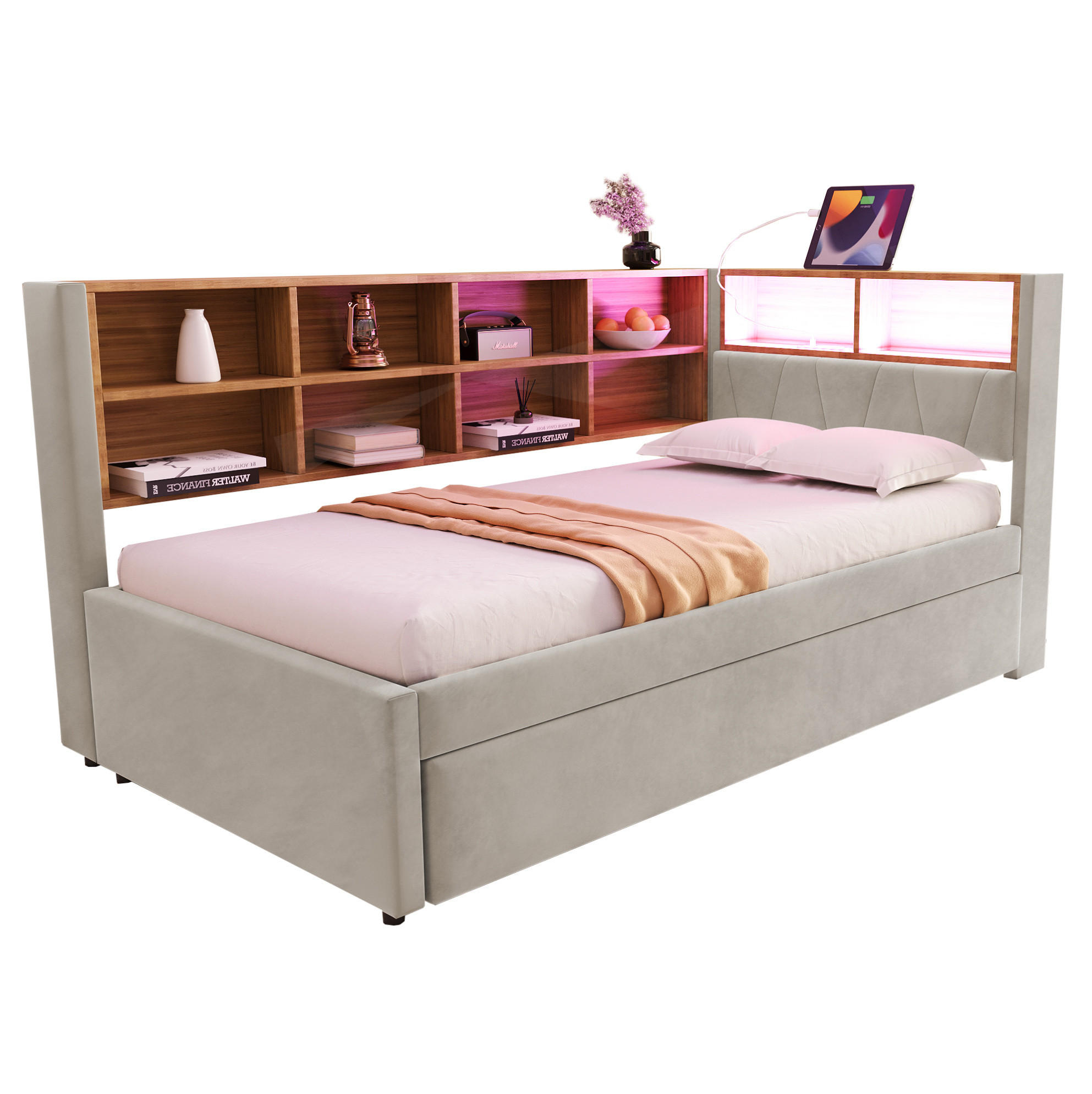 Redom POSTEL 90/200 cm s LED osvětlením, USB-C a úložným prostorem, Flanel, Světle šedá