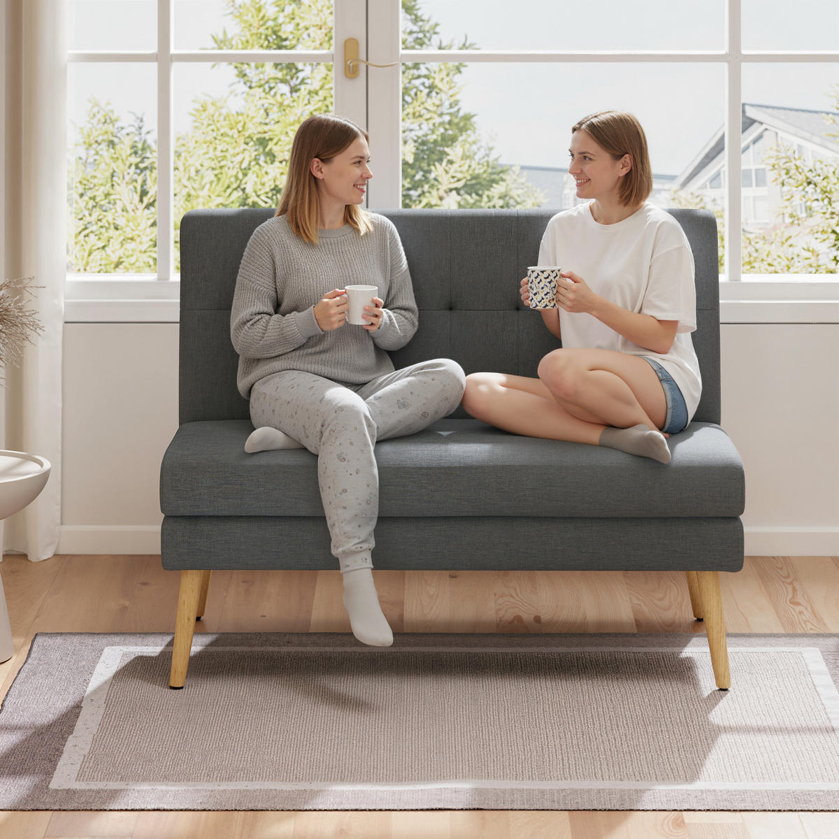 SOFA 2 Sitzer Couch mit Leinenoptik, Getuftete Rückenlehne, Dunkelgrau - Dunkelgrau/Naturfarben, Holz/Textil (68/90/118cm) - HOMCOM