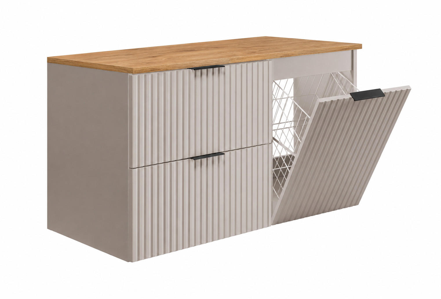 BADMÖBEL-SET MIT WÄSCHEKORB: schwarze Griffe, Kaschmir/Helle Eiche, 100 x 46 x 58,6 cm - Kaschmir/Eichefarben, Holzwerkstoff (100/58.6/46cm) - 3XE LIVING