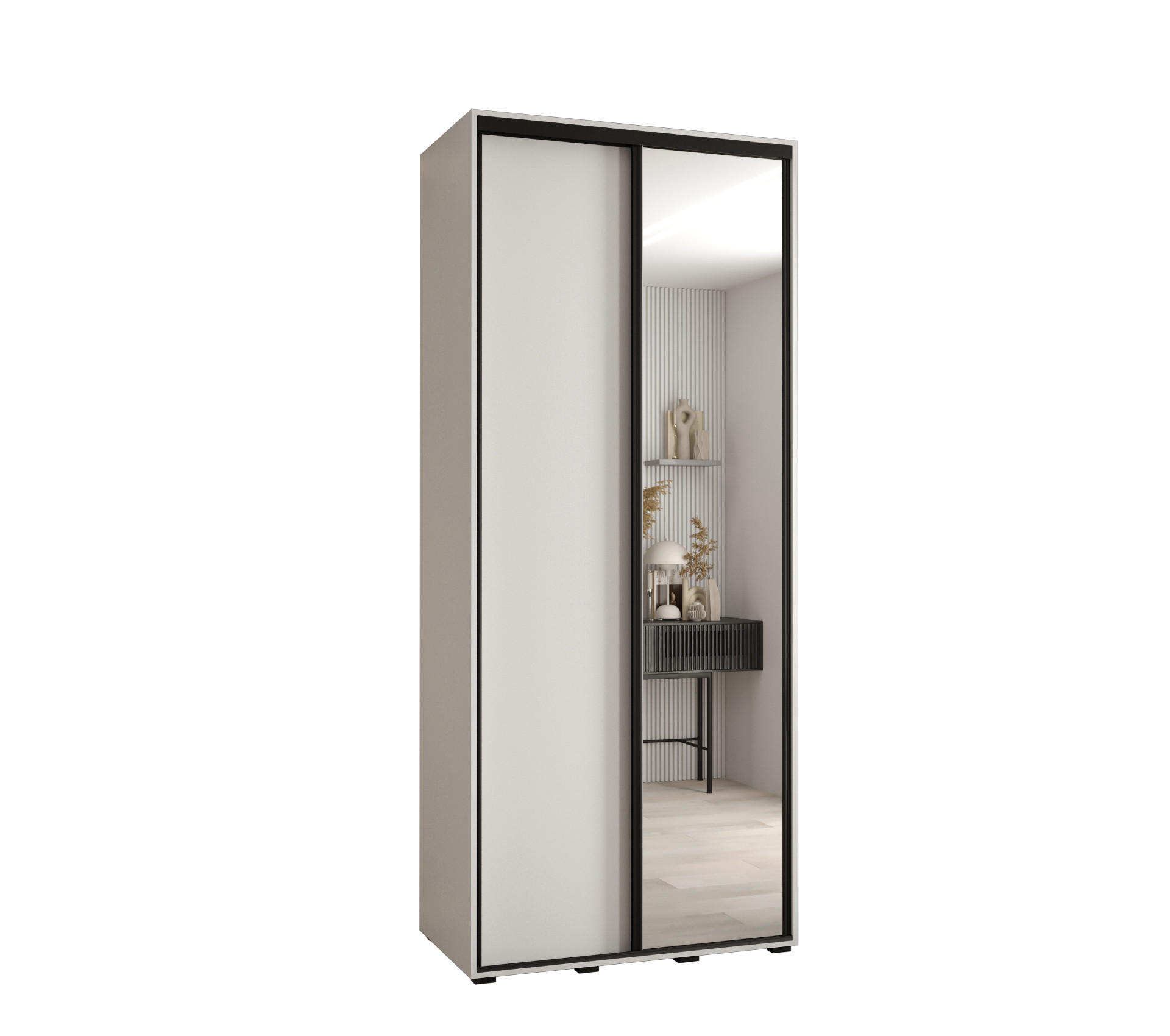 Abiks Möbel Schwebetürenschrank Weiß, Weiß, Schwarz 110x235x45 cm