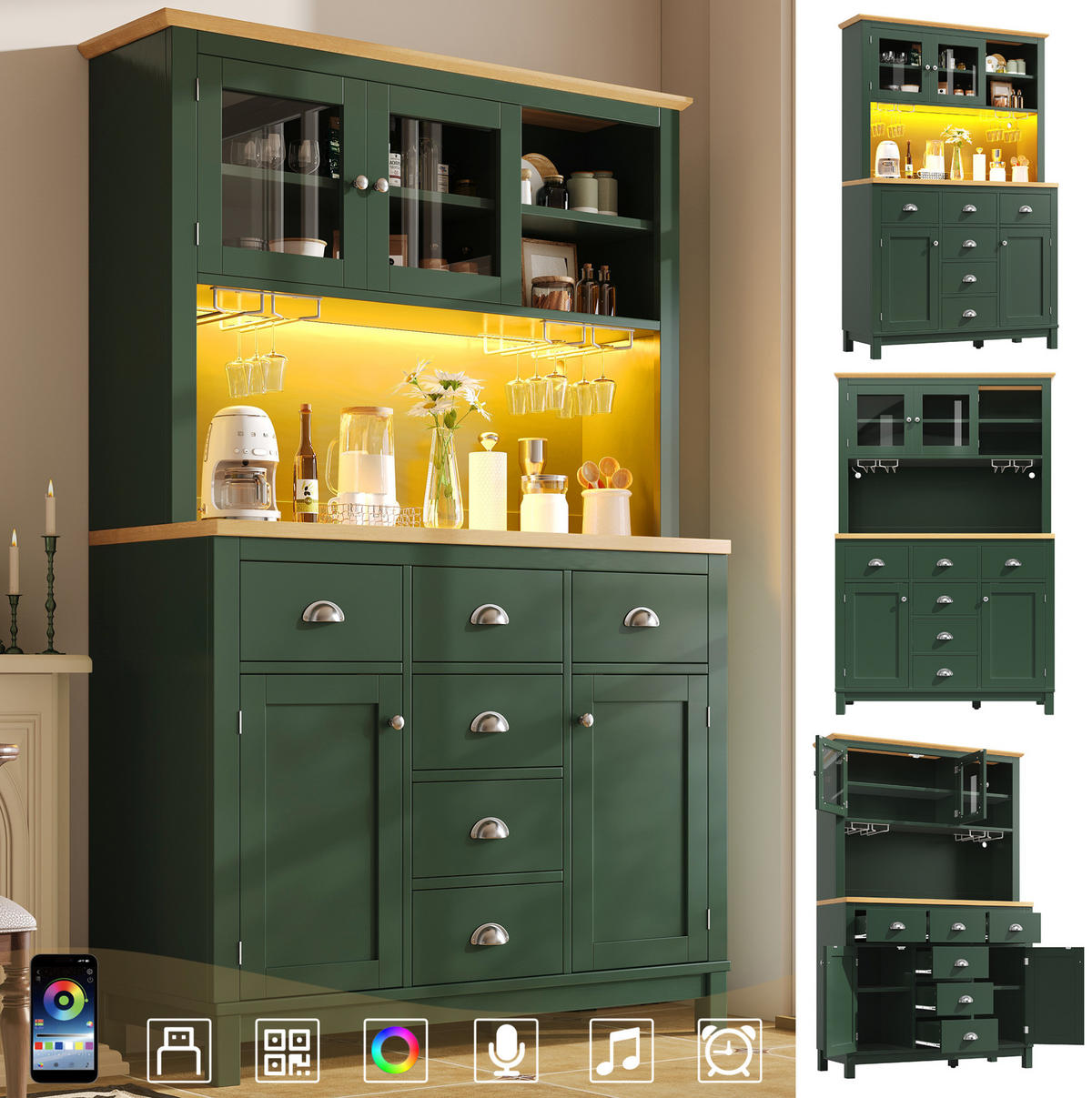 BUFFET 104/40/180 cm aus MDF mit LED-Lichtleiste und viel Stauraum Grün - Grün, Holzwerkstoff (104/180/40cm) - Modenvie