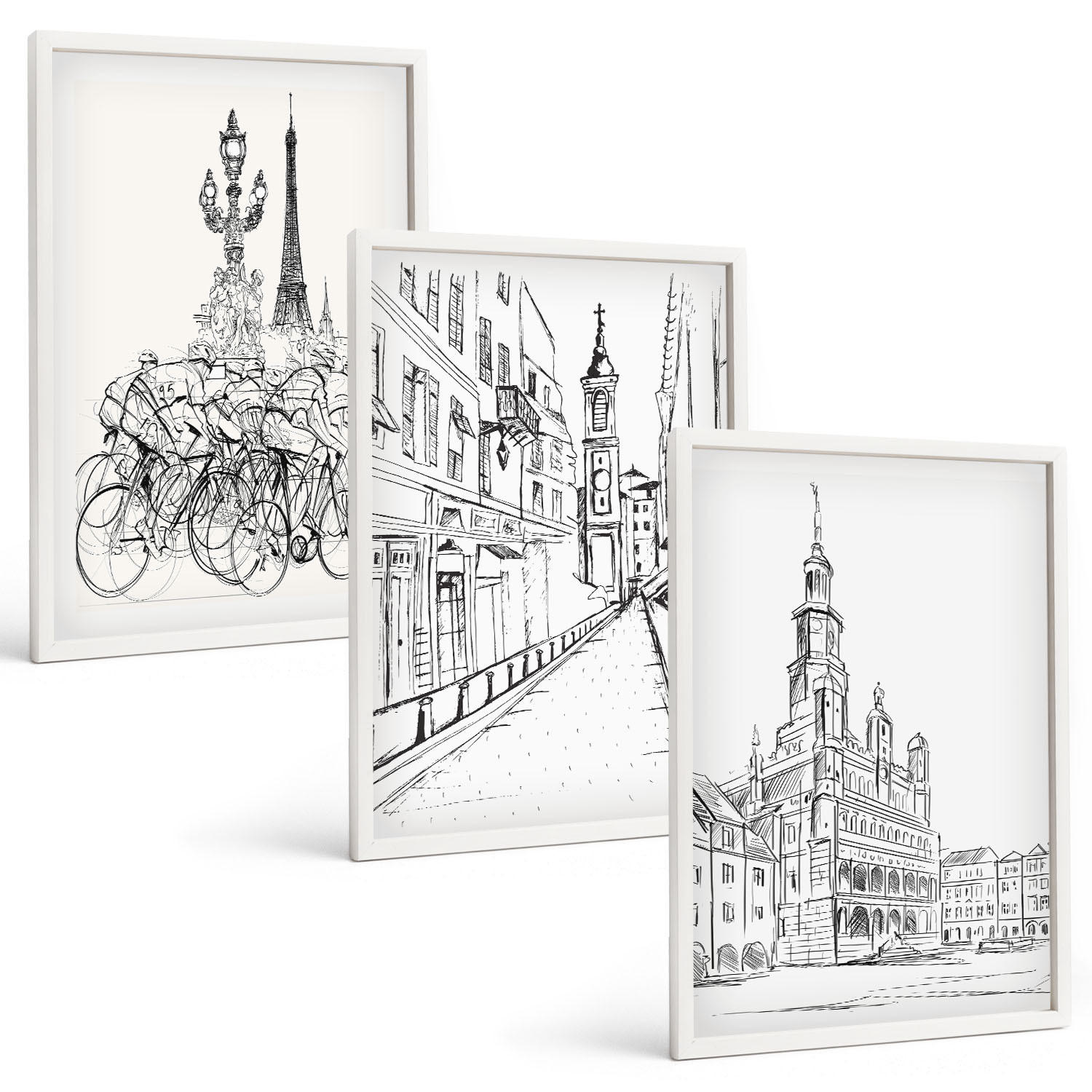 BILDER SET 3er Set - 40x60 cm Weißer Rahmen - Einfache Zeichnungen von Stadtlandschaften - Weiß, Kunststoff (40/60cm) - TULUP