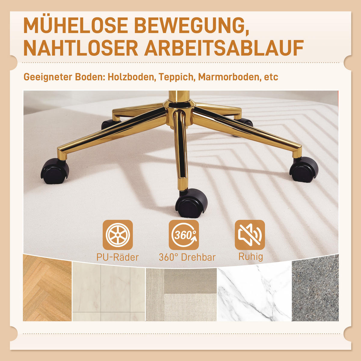 ROLLBARER Schreibtischstuhl mit Bezug in Samtoptik, höhenverstellbarer Bürostuhl, Kippfunktion, Cremeweiß - Creme, Textil (61/84/62cm)