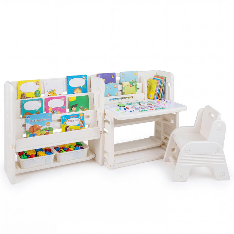 KINDERTISCH-STUHL-SET mit Bücherregal beige(2-tlg) - Beige, Kunststoff (135/68/51cm) - COSTWAY