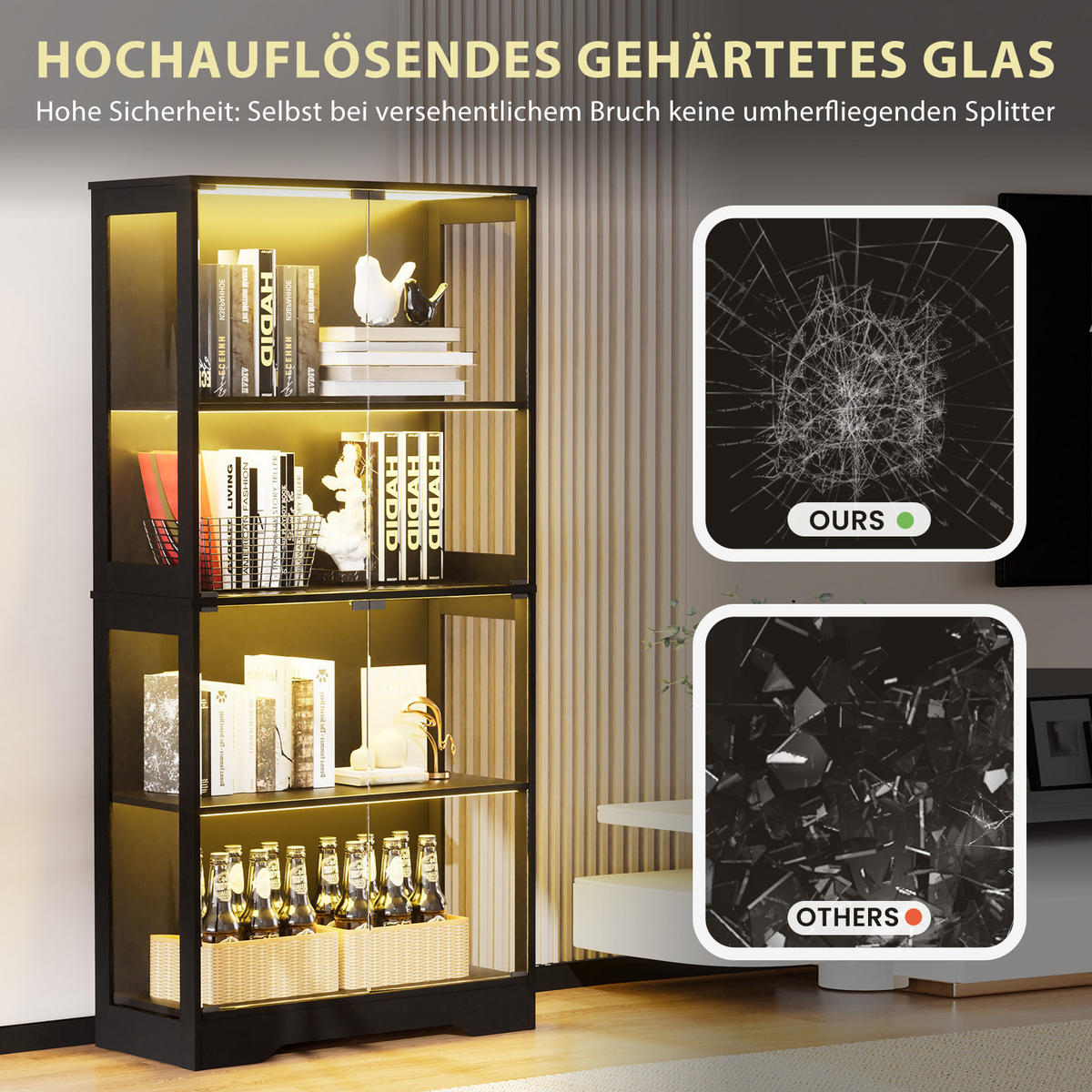 VITRINE 4-stöckig mit LED-Beleuchtung - Staubdicht - Schwarz - Schwarz, Glas/Holzwerkstoff (35/165/80cm) - KOMHTOM