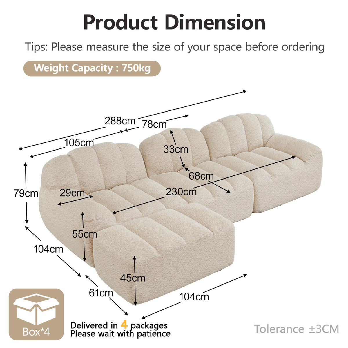 ECKSOFA 3-Sitzer Granulierter Fleece Beige & Weiß - Beige, Textil (288/165cm) - WISHDOR