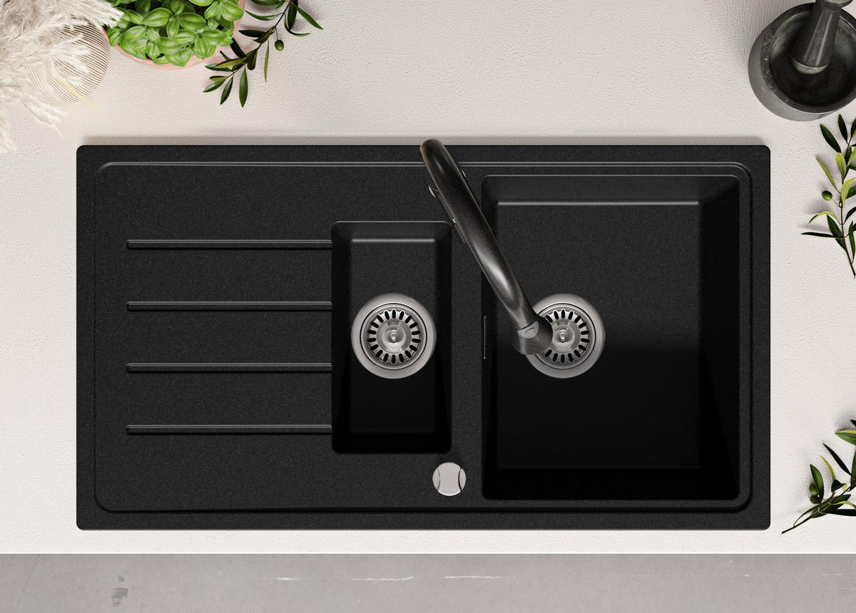 SPÜLBECKEN Kopenhagen Duo, 2-er set Anthrazit 90/50 cm 1,5 Becken + Ablauf-Set ab 60er Unterschrank - Chromfarben/Anthrazit, Kunststoff (90/19/50cm) - Primagran