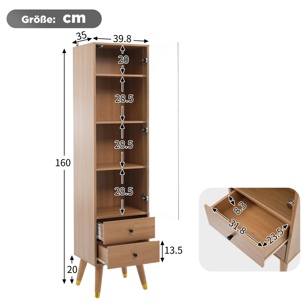VITRINE in Naturfarben mit Glastür und 2 Schubladen für Wohnzimmer, B39,8/T35/H160 cm - Transparent/Naturfarben, Glas/Holzwerkstoff (39.8/160/35cm) - STILVORA