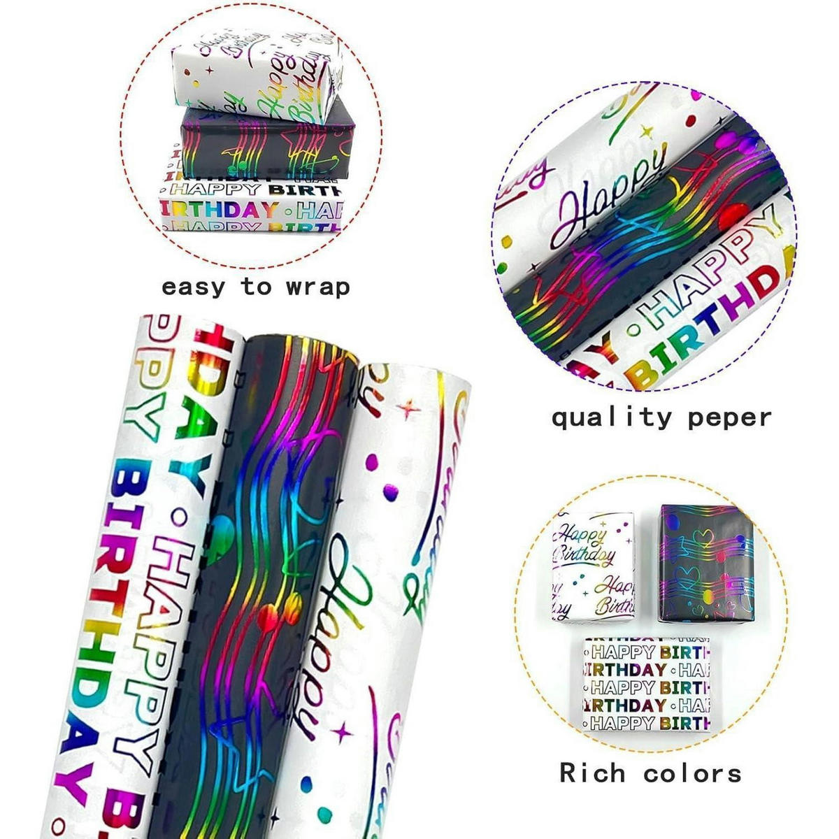 GESCHENKPAPIER 3 Rollen Set für Geburtstag, Weihnachten und Hochzeit, bunt - Multicolor, Papier (43/1/300cm)