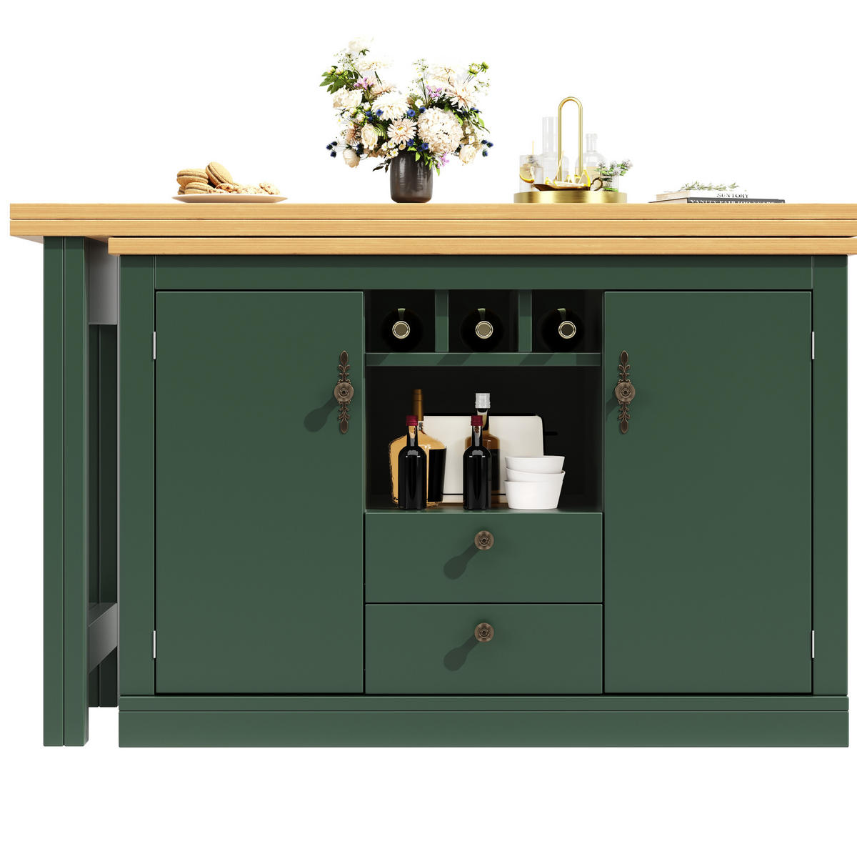 BARTISCH 120-180/40/76 cm aus MDF, ausziehbar, drehbar mit Stauraum, Antikgrün - Dunkelgrün, Holzwerkstoff (40/180/76cm) - Redom
