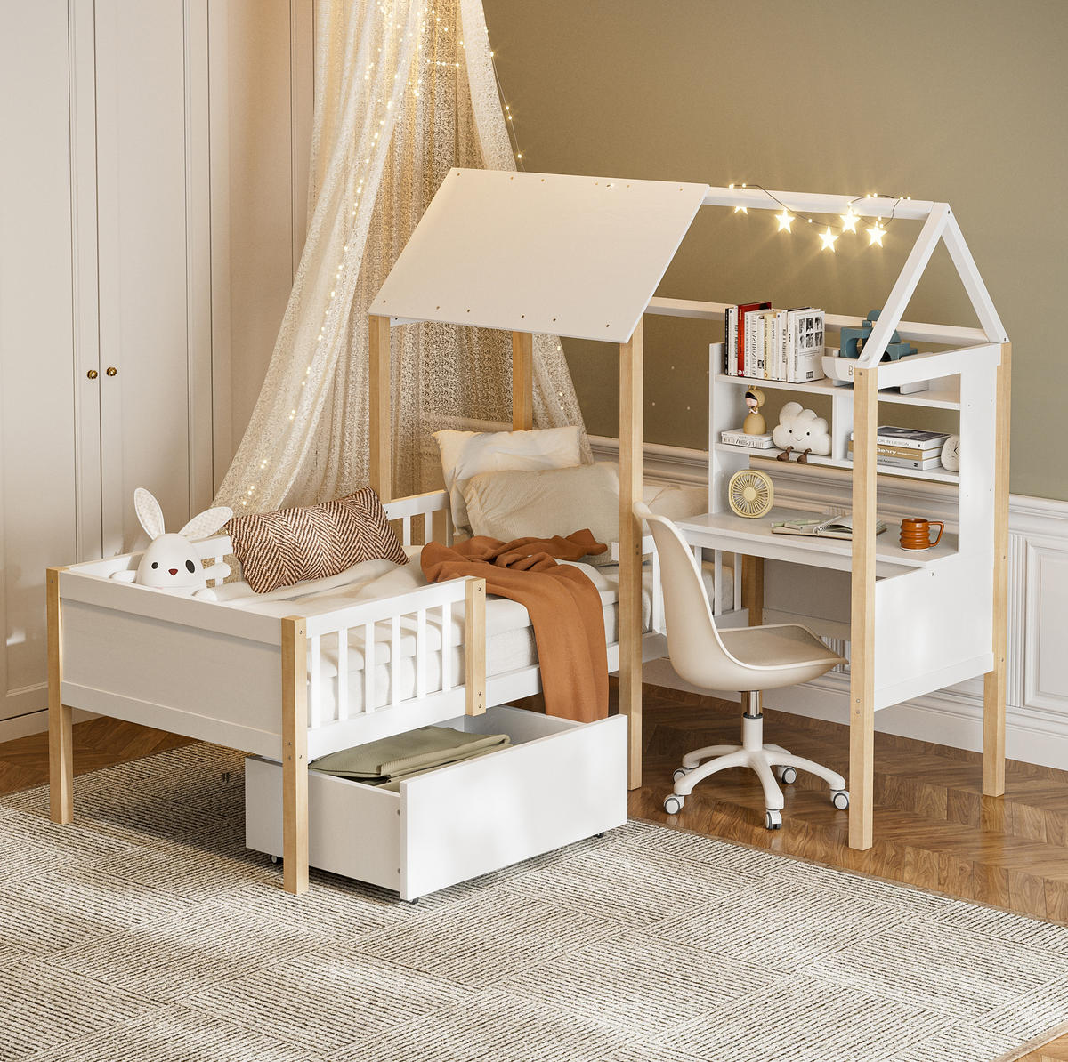 KINDERBETT 90/200 cm Weiß aus Massivholz und MDF mit Schreibtisch und Regal - Weiß, Holz (90/200cm) - OKMYHOME