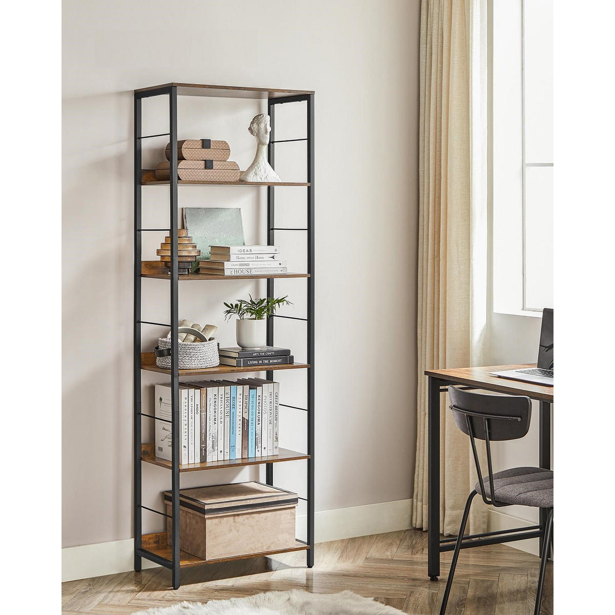 STANDREGAL Holzoptik Metall Dunkelbraun Schwarz 6 Ebenen 178×60×30 cm - Dunkelbraun/Schwarz, Holzwerkstoff/Metall (60/178/30cm) - Begryf