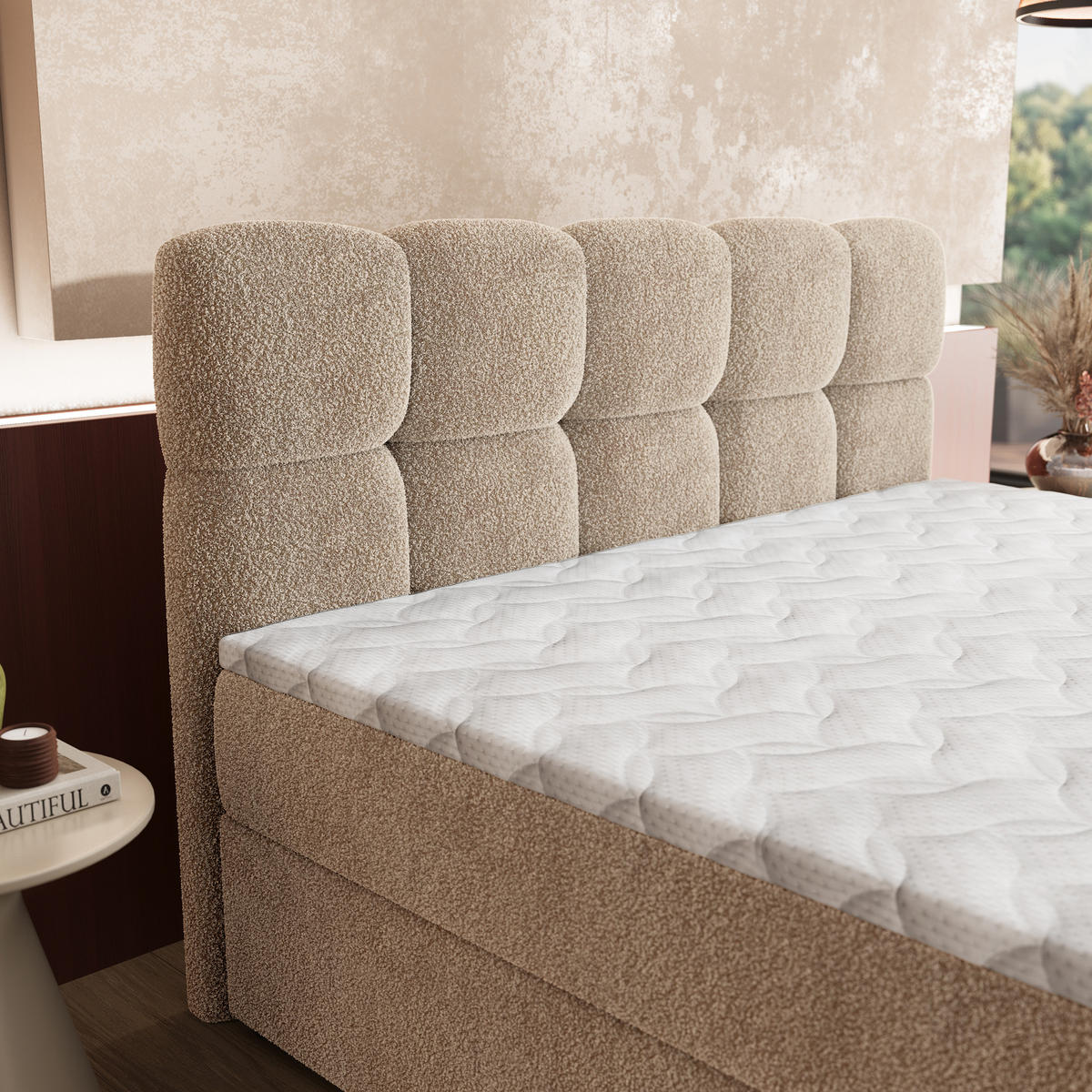 BOXBETT MERU 160x200 cm mit Matratze und Topper - Beige - Beige, Holz (160/200cm) - MASSENO
