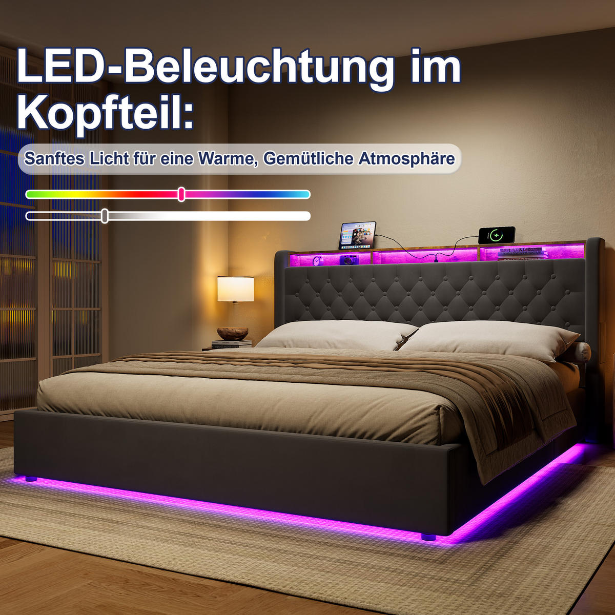 POLSTERBETT 180x200 mit Bettkasten & LED Beleuchtung,mit klappbarem Kopfteil,Grau - Grau, Holzwerkstoff/Textil (180/200cm) - EVRYAE