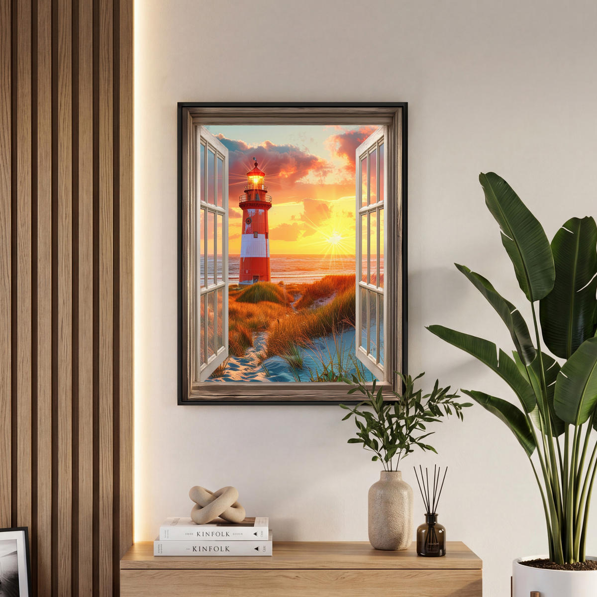 LEINWAND Bilder mit Rahmen - Aussicht - Fenster - Leuchtturm - Sonnenuntergang - Strand - 50x70 - Dunkelorange, Textil (50/70cm) - MuchoWow
