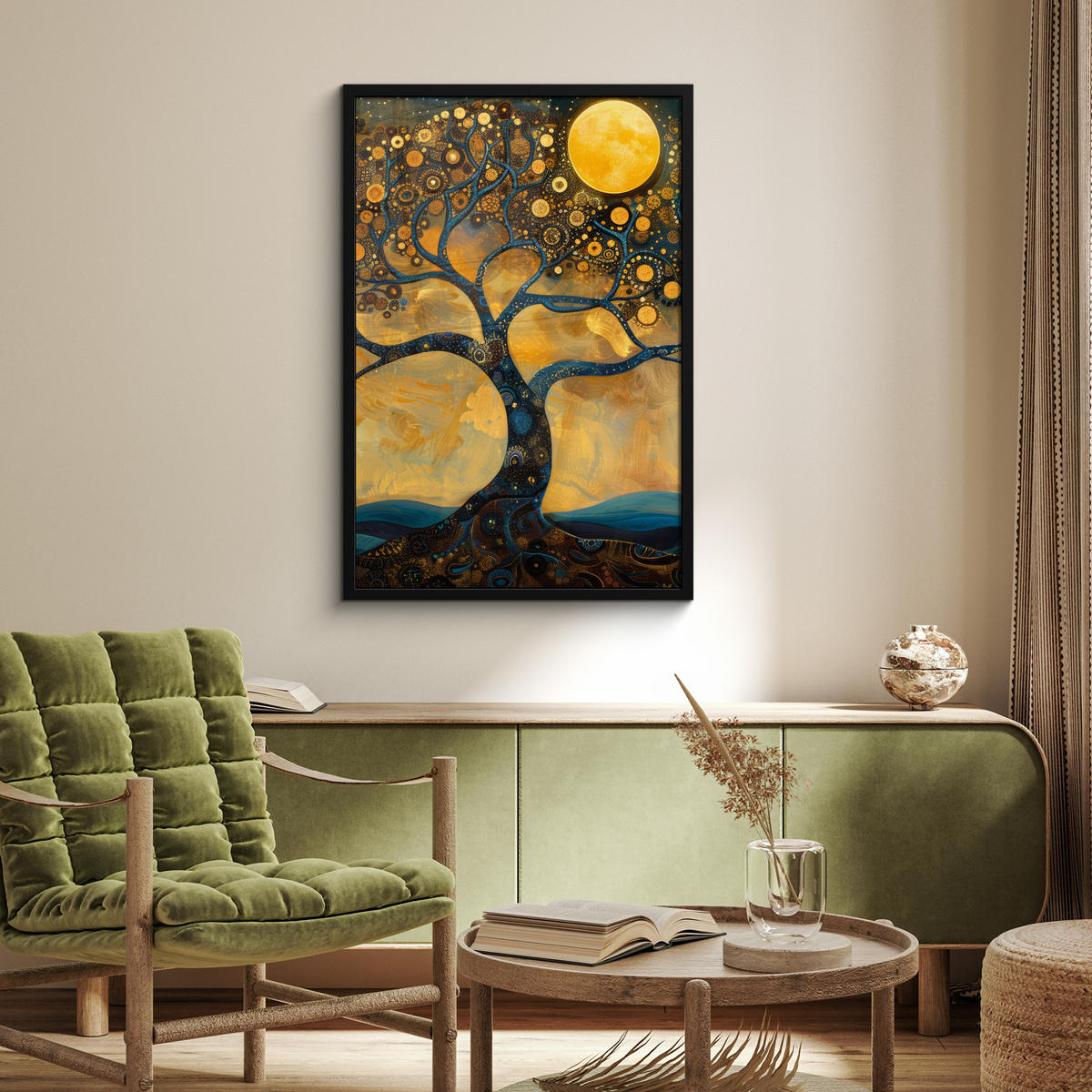 POSTER MIT RAHMENGERAHMTES BILD Baum - Mond - Blumen - Gold - Kunst 60x90 cm - Orange, Papier (60/90cm) - MuchoWow