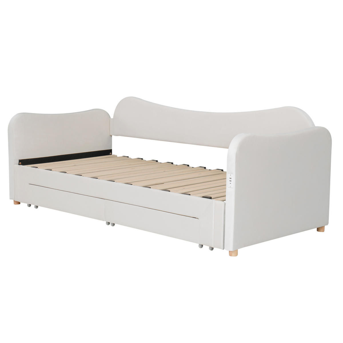 ČALÚNENÁ posteľ z zamatu 90x200 cm béžová s výsuvom na 180 cm, USB a úložnými zásuvkami - béžová, textil (90/200cm) - Modfu