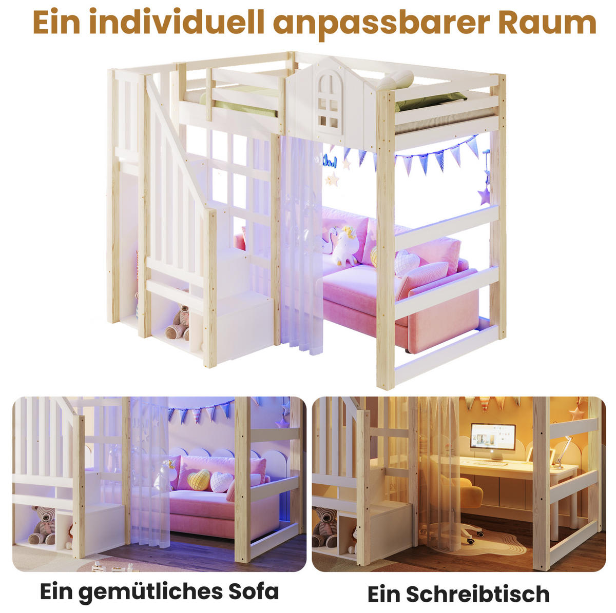 HOCHBETT 90/200 cm Weiß/Natur aus Kiefernholz mit LED-Beleuchtung - Weiß, Holz (90/200cm) - OKMYHOME