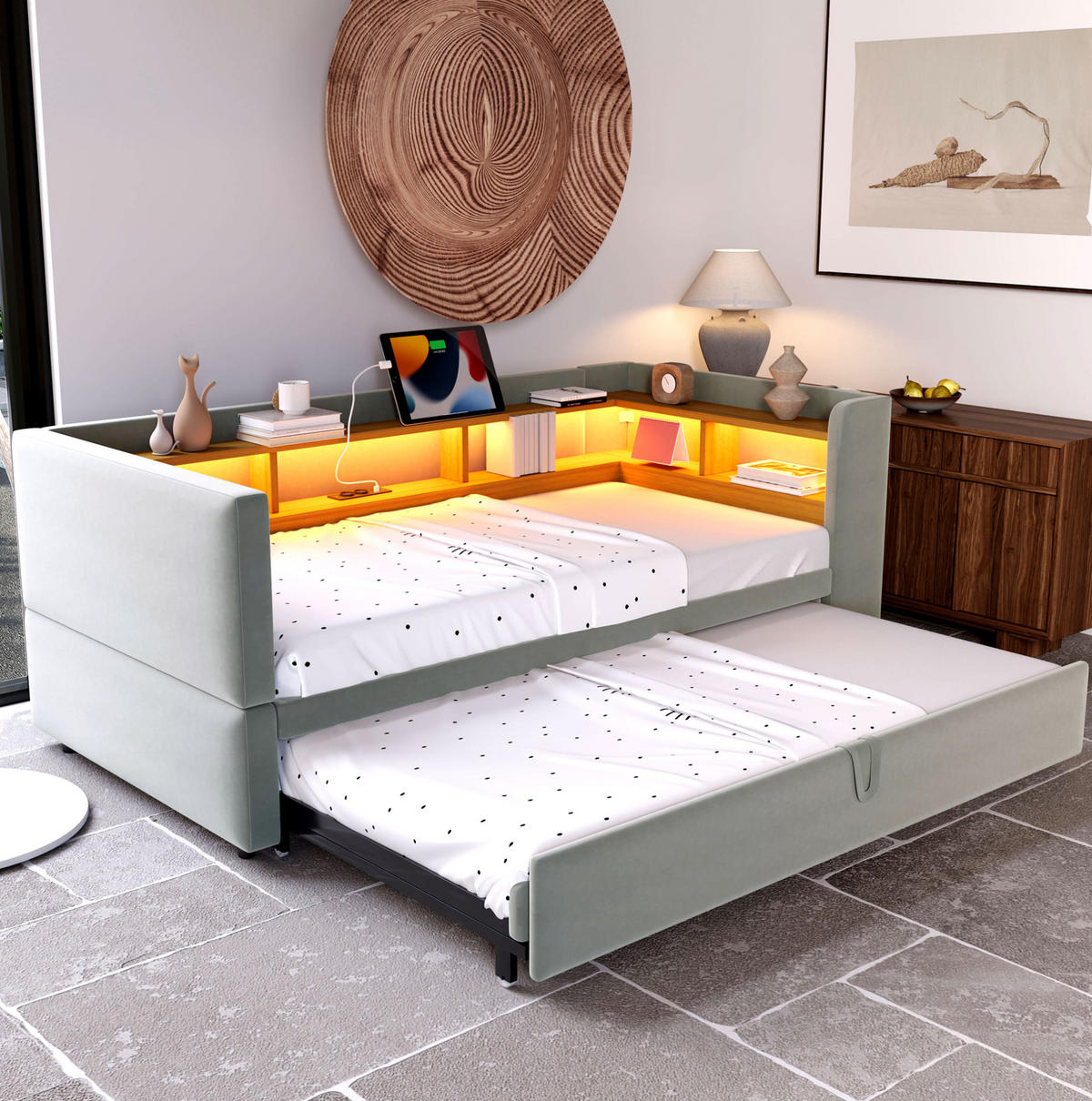 POLSTERBETT 90/180x190 cm aus Flanell mit LED, Steckdosen und Ablagefächern Hellgrau - Hellgrau, Textil (90/190cm) - Modenvie