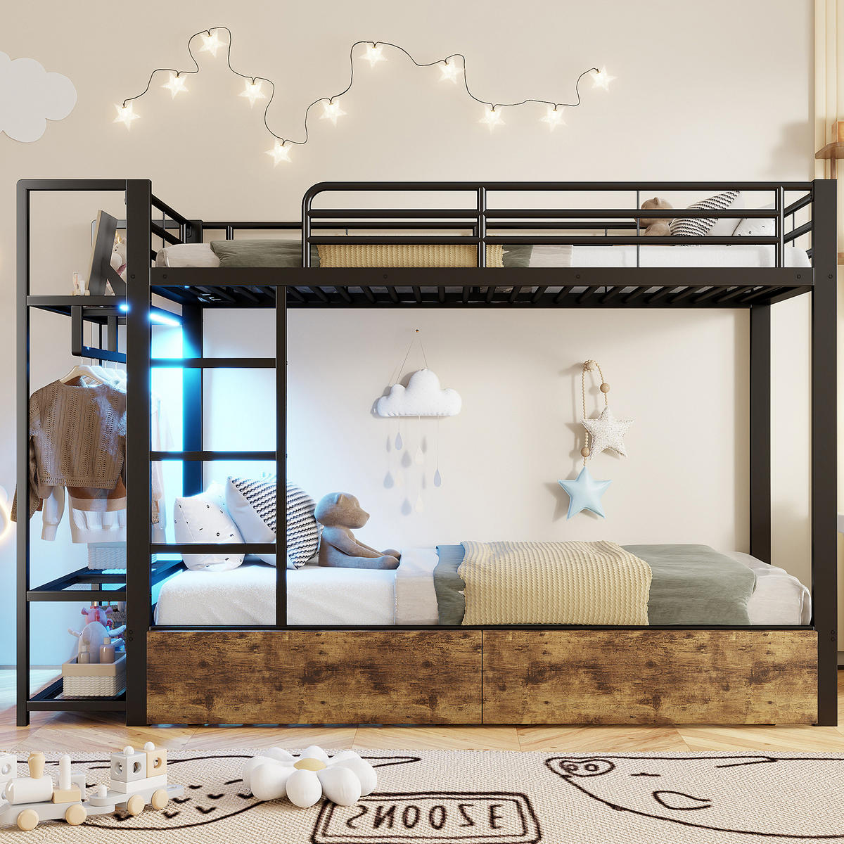 ETAGENBETT aus Metall 90x200 cm Schwarz mit LED-Lichtleiste, 2 Schubladen, Regalen und Kleiderstange - Schwarz, Metall (90/200cm) - Modfu