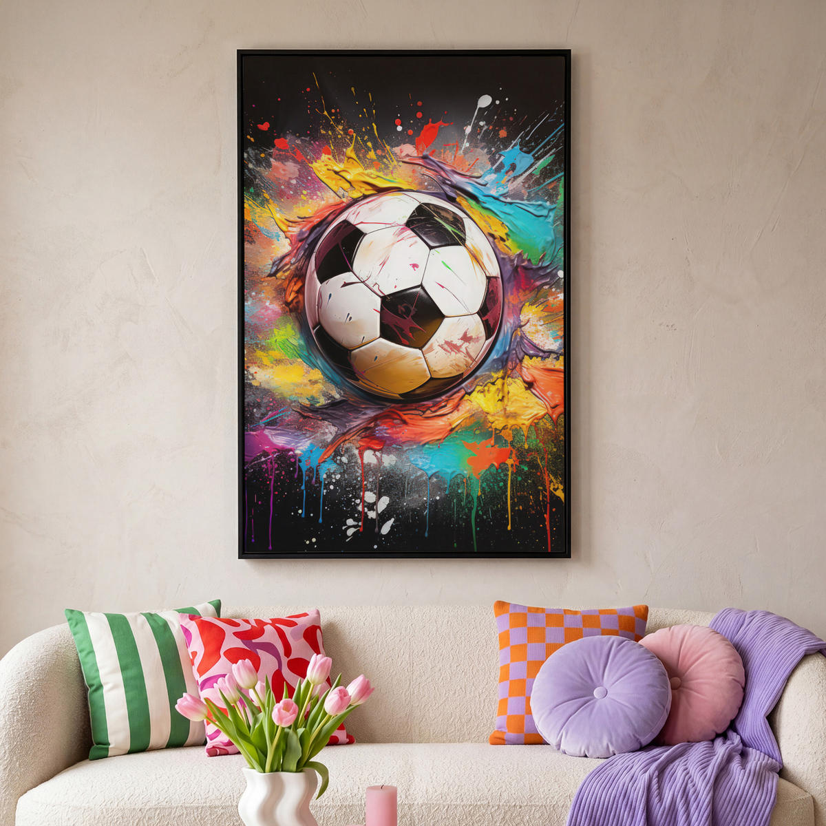 LEINWAND Bilder mit Rahmen - Fußball - Farbe - Farben - Schwarz - Weiß - 80x120 - Weiß, Textil (80/120cm) - MuchoWow
