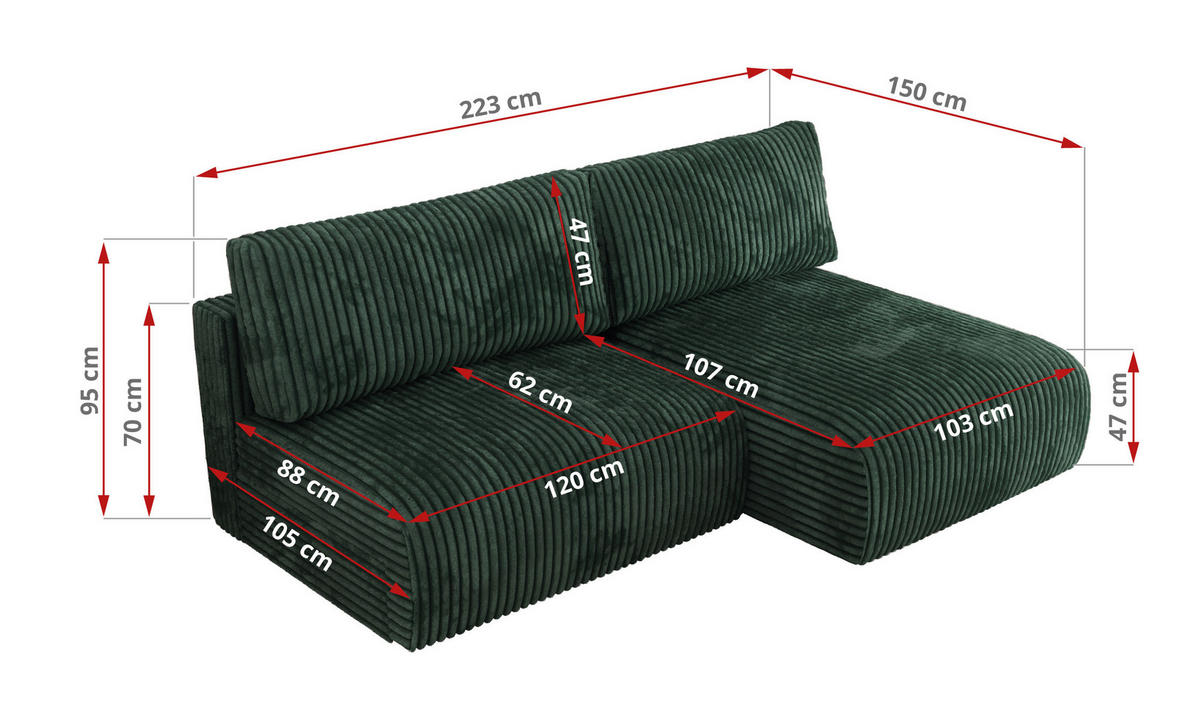 ECKSCHLAFSOFA VIVO L Grün Cord - rechts - Schwarz/Grün, Kunststoff/Textil (150/223cm) - MKS