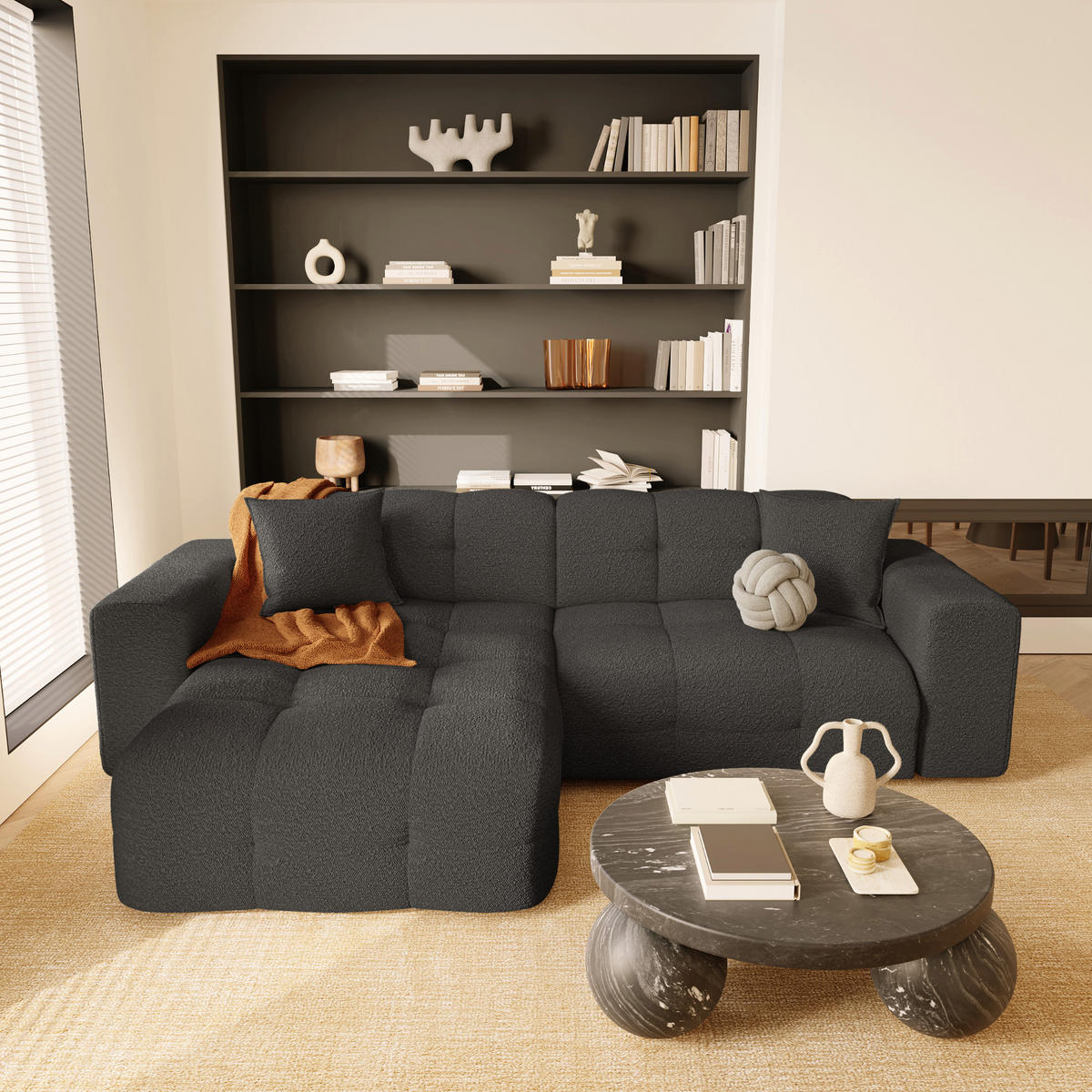 ECKSOFA LINKS Bouclé-Stoff Graphitgrau 230cm - Graphitfarben/Grau, Textil (155/230cm) - Sia Home