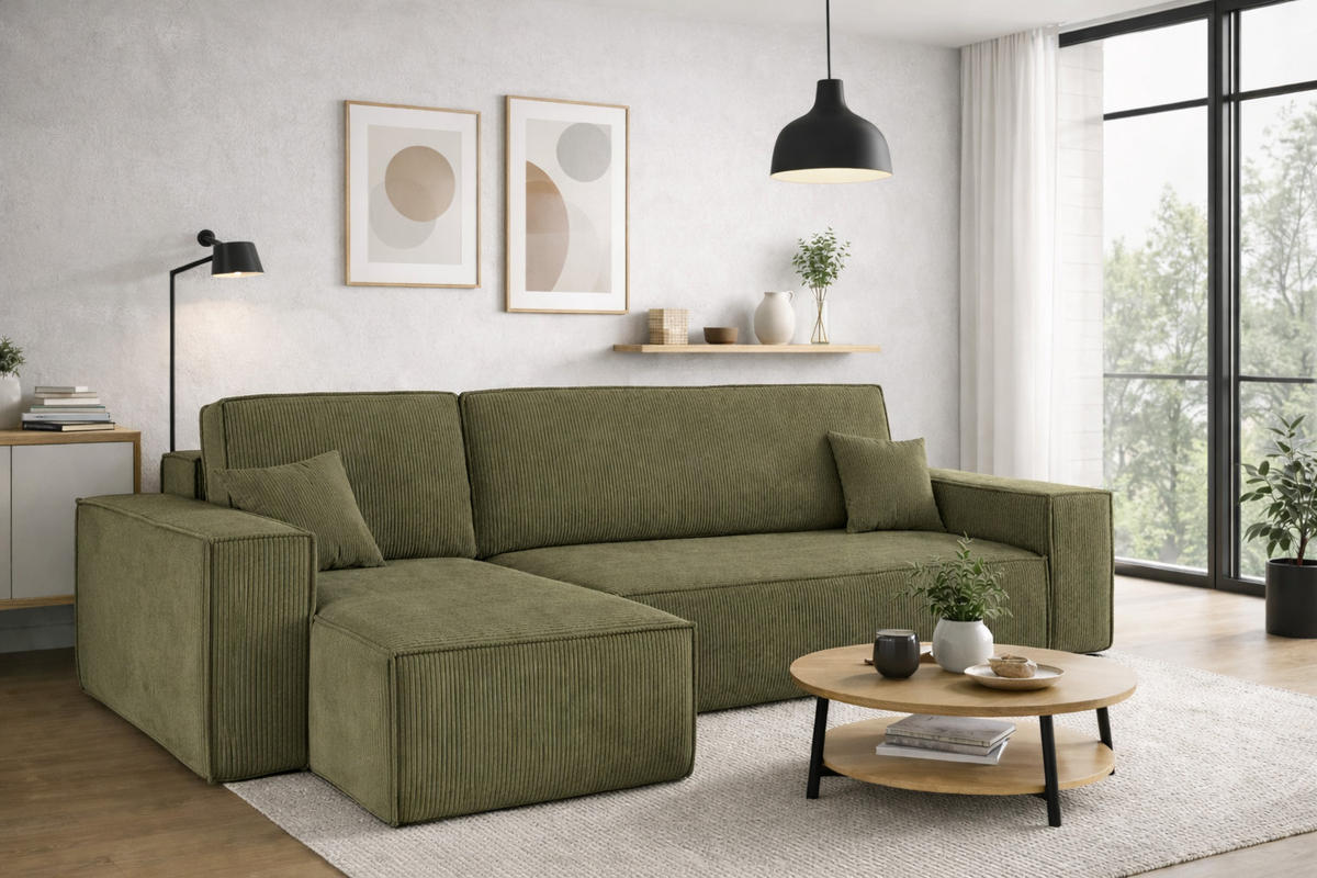 ECKSOFA Mit Schlaffunktion Und Bettkasten BEST Stoff Poso Dicker Cord Olive Links - Olivgrün, Holz/Textil (142/244cm) - Kaiser Möbel