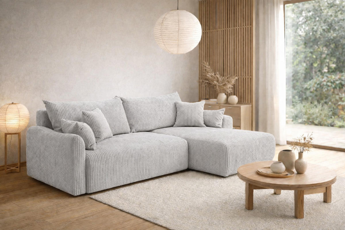 ECKSOFA Mit Schlaffunktion, Cordstoff Poso, Hellgrau, Rechts, JAPANDI - Hellgrau, Holz (262/145cm) - Kaiser Möbel