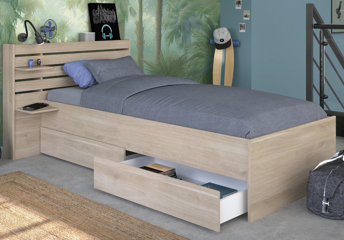 STAURAUMBETT Jugendzimmer Bett 90 x 200 mit 2 x Bettschubkasten - Eichefarben, Holz/Holzwerkstoff (200/90cm) - Parisot Meuble