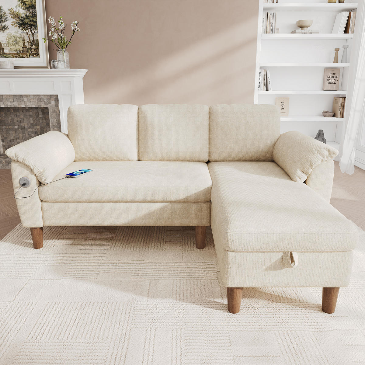 ECKSOFA mit Chaiselongue und USB-C Anschluss Beige - Beige, Textil (181/125cm) - EVRYAE
