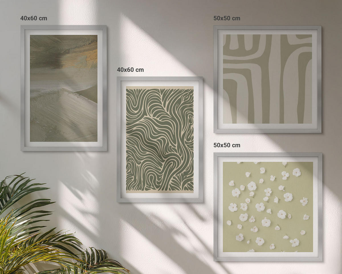 WANDBILDER 4er Set - 50x50 cm & 40x60 cm Silberner Rahmen - Abstrakte Boho-Muster - Silberfarben, Kunststoff (50/50cm) - ArtPrintCave
