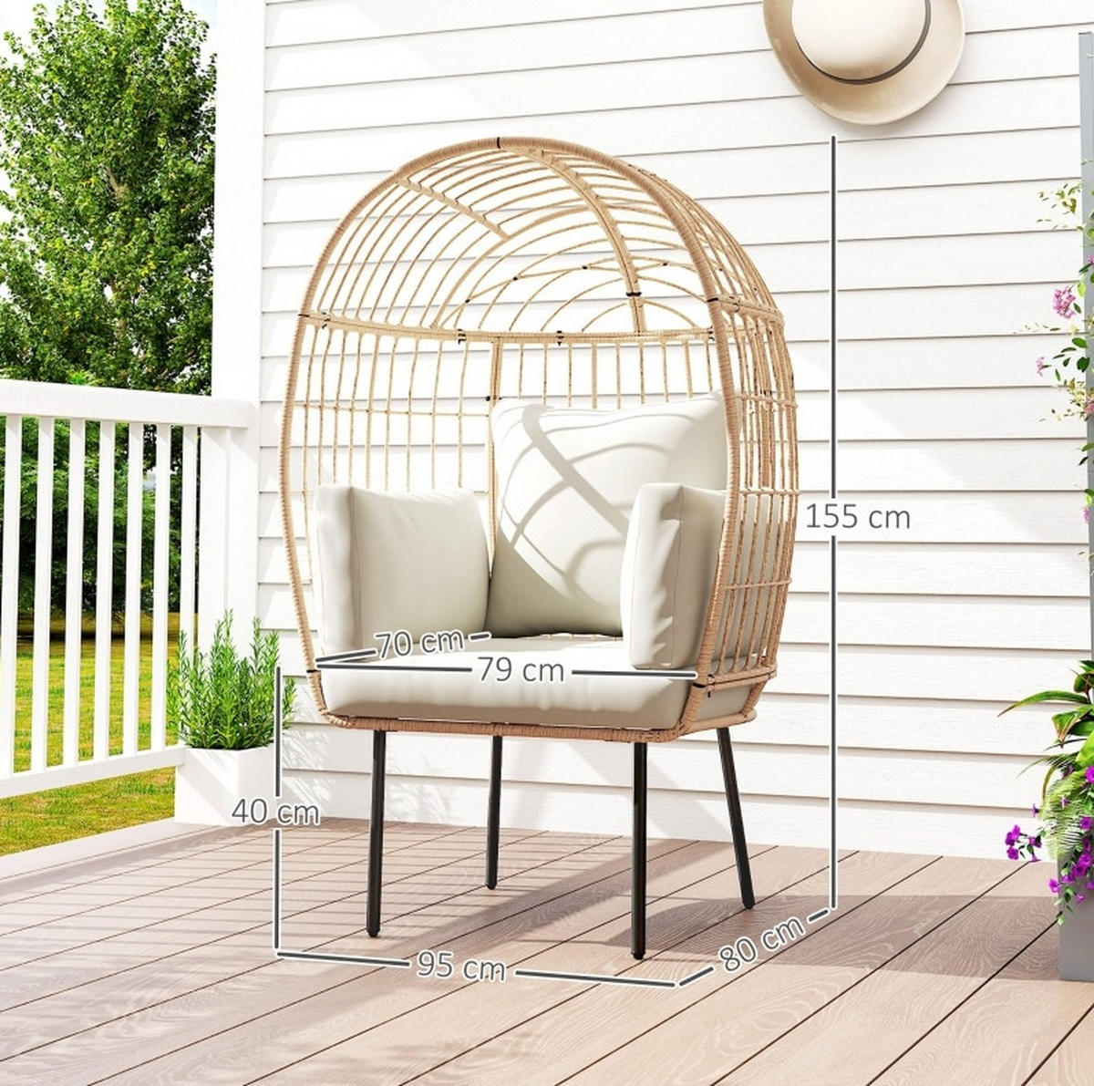 GARTENSTUHL aus Rattan 95x80x155 cm in Beige mit abnehmbaren Kissen - Beige, Metall (95/155/80cm) - Modfu