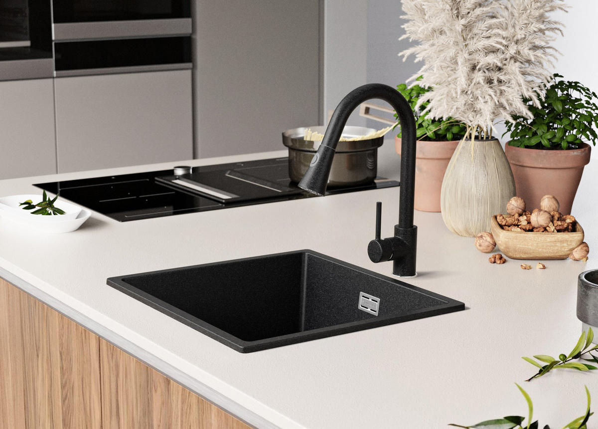 SPÜLBECKEN London, 2-er set Anthrazit 46/47 cm, 1 Becken + Ablauf-Set ab 50er Unterschrank - Chromfarben/Anthrazit, Kunststoff (46/20/47cm) - Primagran