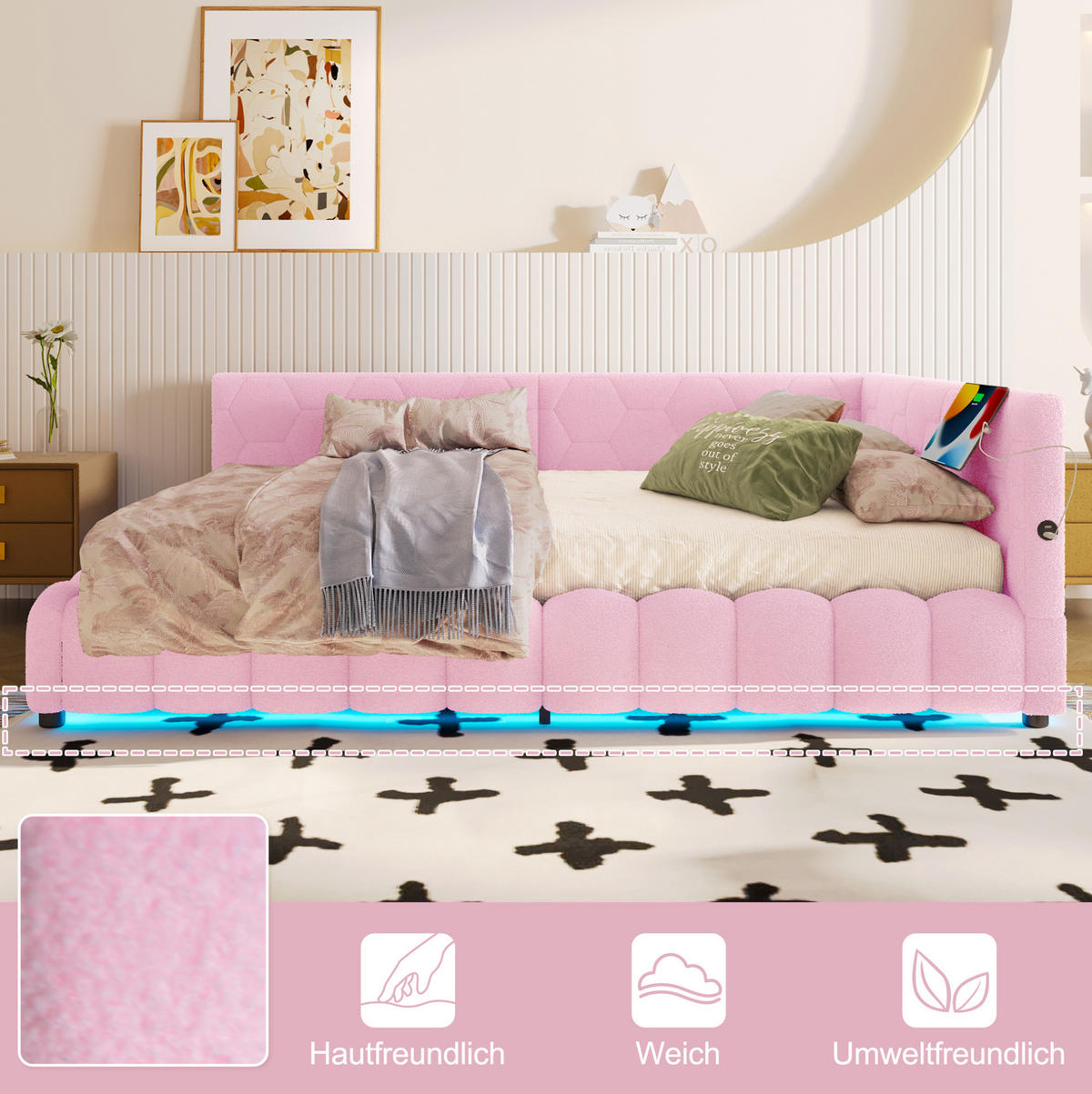 POLSTERBETT 140/200 cm Rosa aus Vliesimitat mit Stauraum - Rosa, Textil (140/200cm) - OKMYHOME
