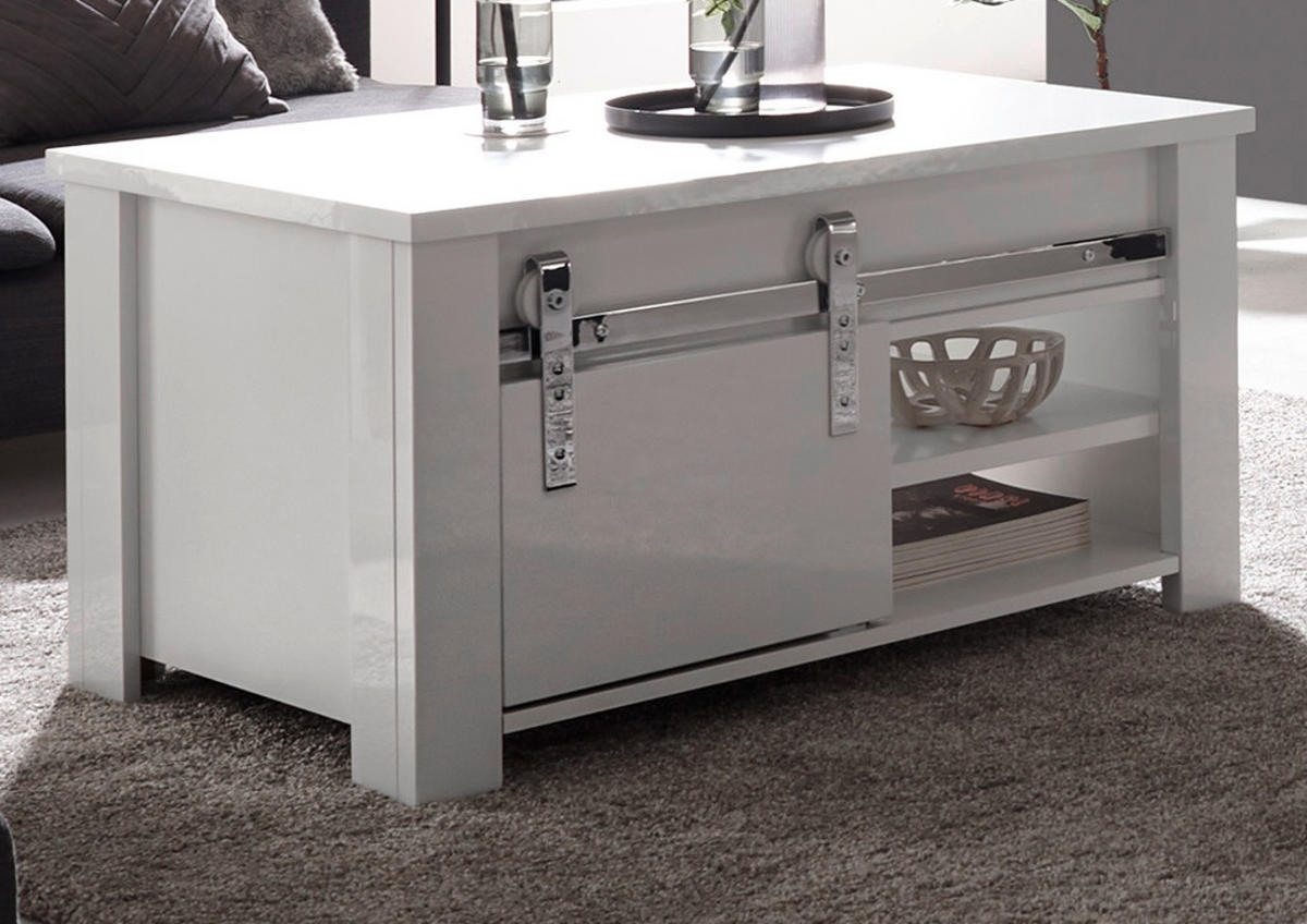 COUCHTISCH weiß Hochglanz 93 x 60 cm, Beistelltisch mit Stauraum - Chromfarben/Weiß Hochglanz, Holzwerkstoff/Kunststoff (93/60/51cm) - Furn.Design