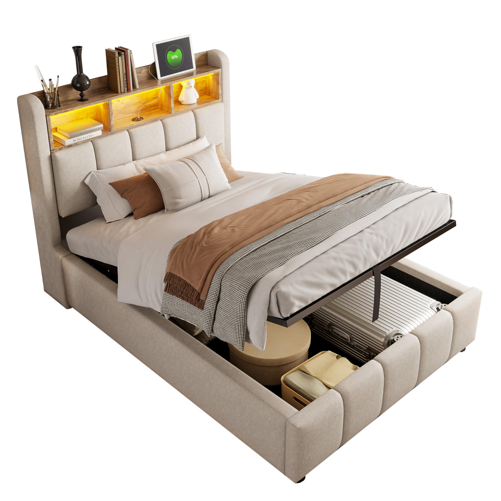 POLSTERBETT 90/200 cm Beige aus Leinenstoff mit LED-Beleuchtung und Stauraum - Beige, Textil (90/200cm) - OKMYHOME
