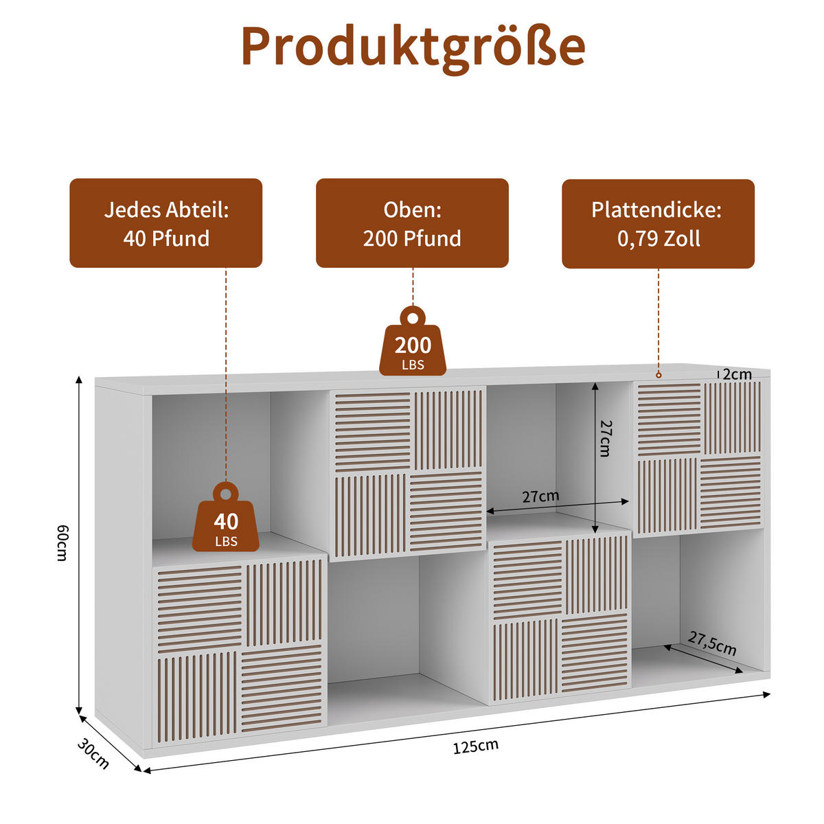 BÜCHERREGAL 125x30x60 cm Holz Lamellen Design Sideboard Aufbewahrung, Weiß - Weiß, Holz (60/125/30cm)