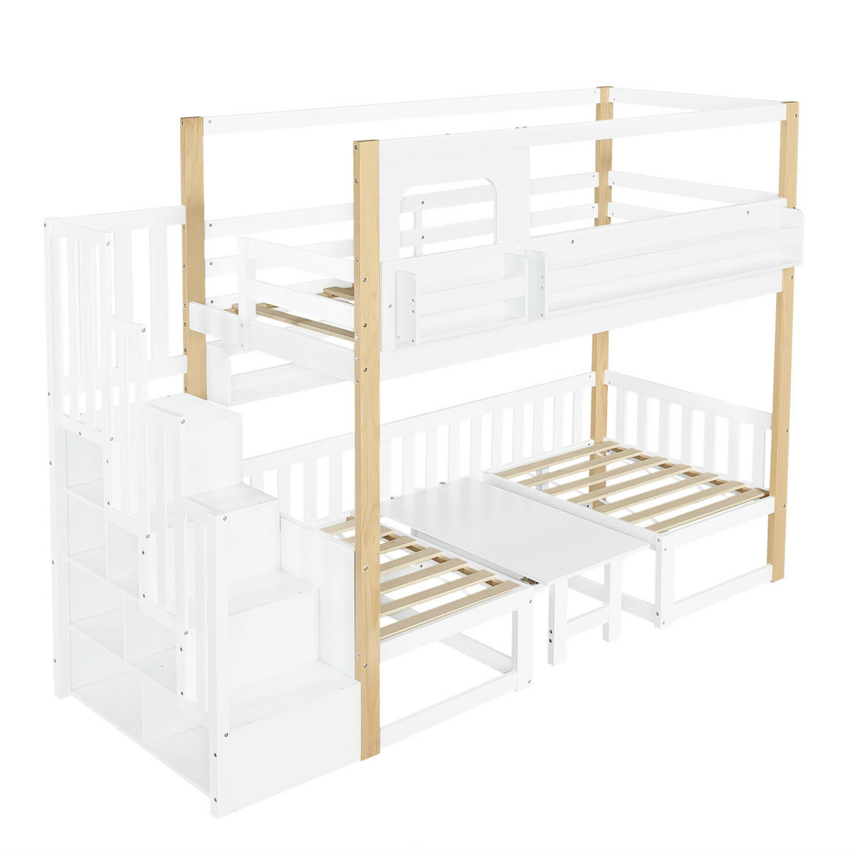 ETAGENBETT aus Kiefer und MDF 90x200 cm Weiß/Natur mit Klapptisch, Aufbewahrungstreppe und Bücherregal - Weiß, Holzwerkstoff (90/200cm) - Modfu