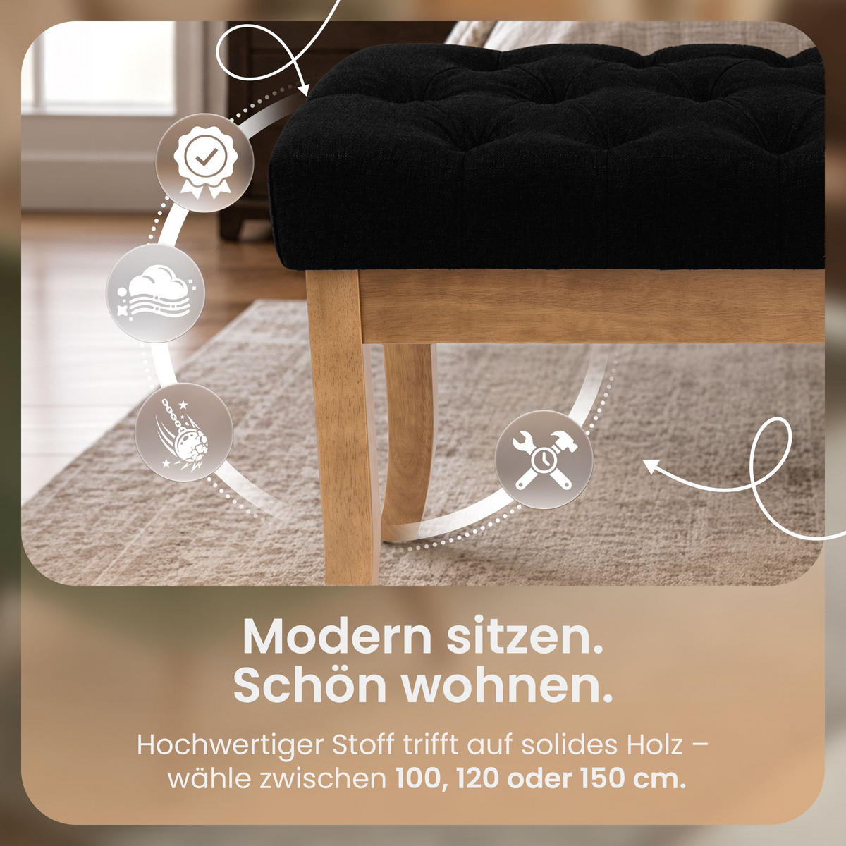 SITZBANK 100/38 cm Stoff Schwarz - Schwarz/Naturfarben, Holz/Textil (100/46/38cm) - CLP