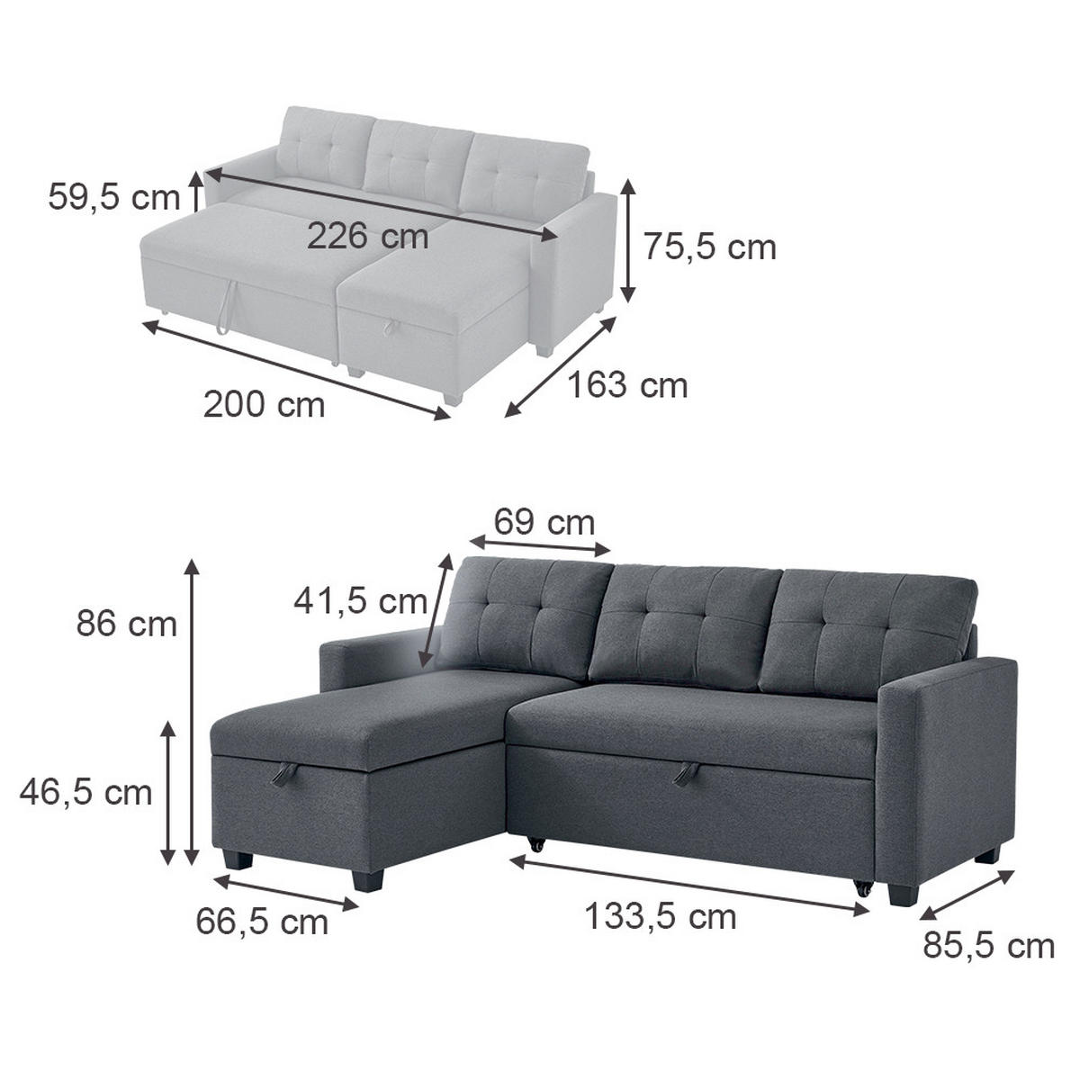 SOFA L FORM Campina Grau 226 x 163 cm mit Schlaffunktion - Grau, Holz (226/163cm) - VitaliSpa