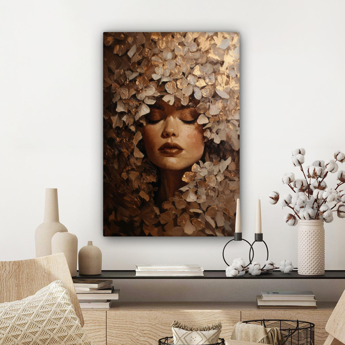 LEINWANDBILD Gesicht - Dame - Blätter - Pinselstriche Wanddeko Schlafzimmer 60x90 cm - Goldfarben, Textil (60/90cm) - MuchoWow