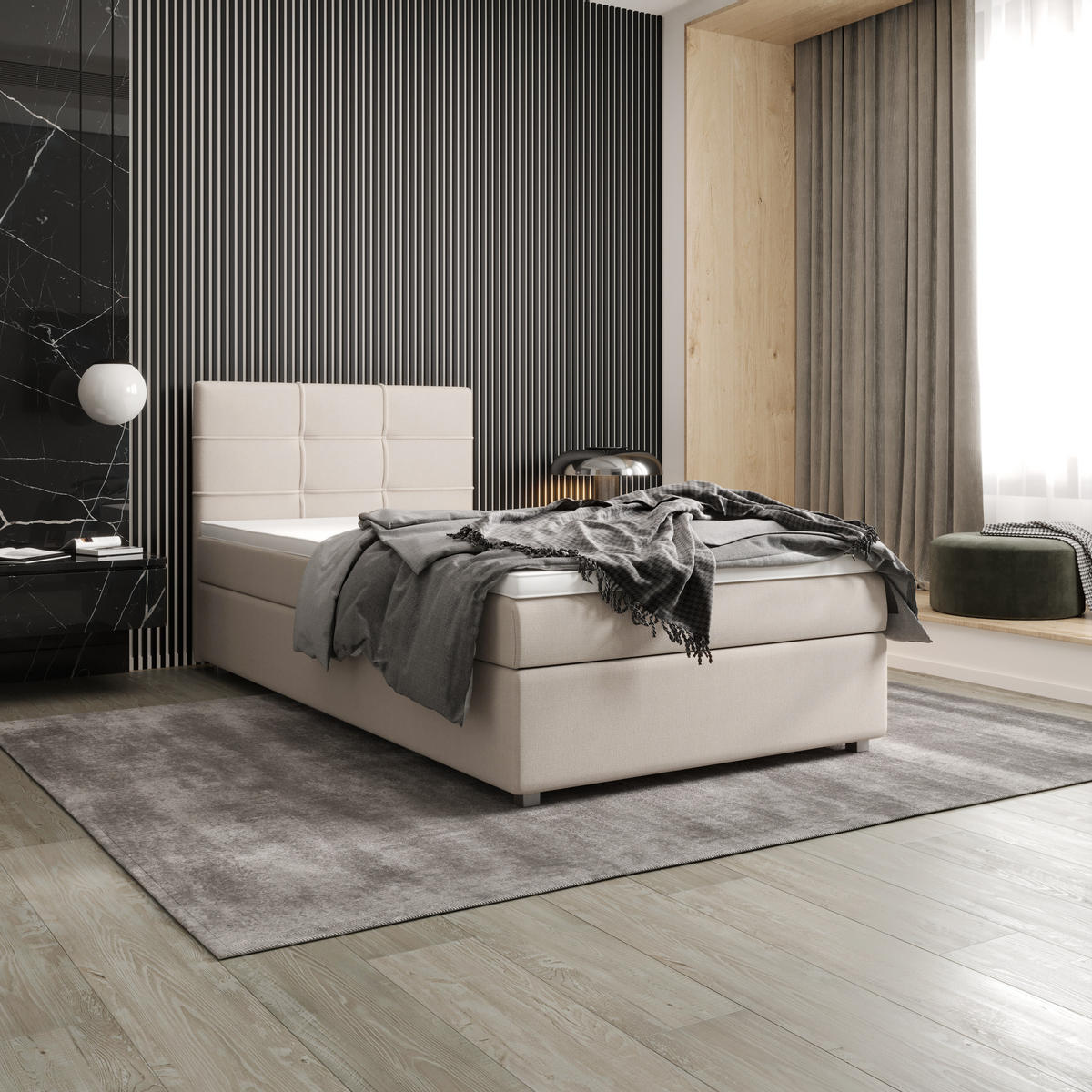BOXBETT FADO 1 90x200, mit Matratze H3 und Topper, Cosmic 10 - Beige, Holz/Kunststoff (90/200cm) - Bedante