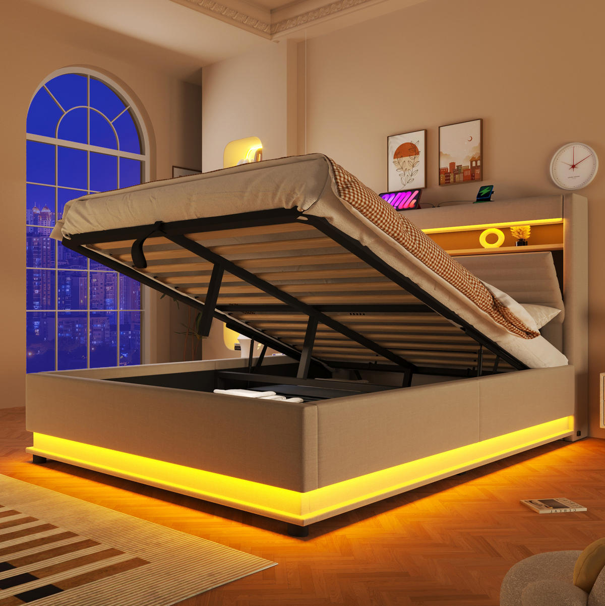 POLSTERBETT 140/200 cm mit LED-Beleuchtung, USB- und Typ-C-Anschluss, hydraulischem Stauraum und Leinenbezug, Beige - Beige, Textil (140/200cm) - Redom