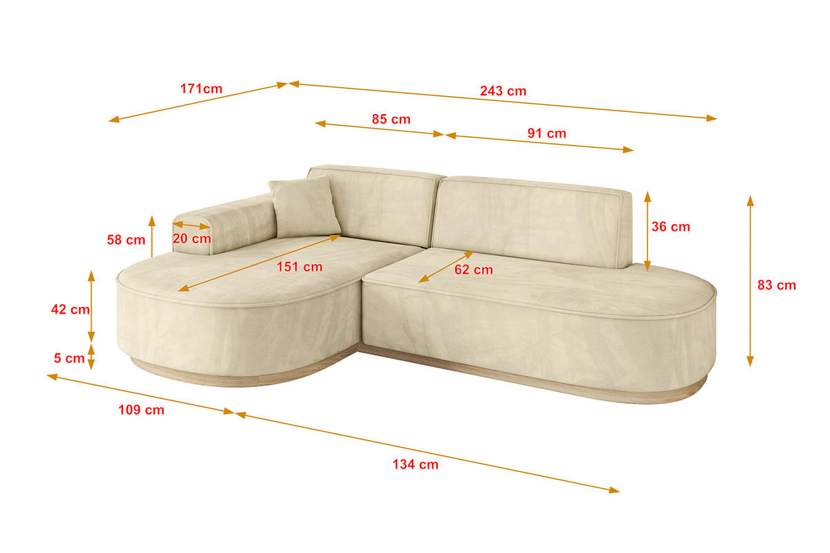 ECKSOFA Ottomane Links MARI-L1-v1 - 243x171x83 cm Beige Velours - Beige, Holzwerkstoff/Textil (243/171cm) - ALTDECOR