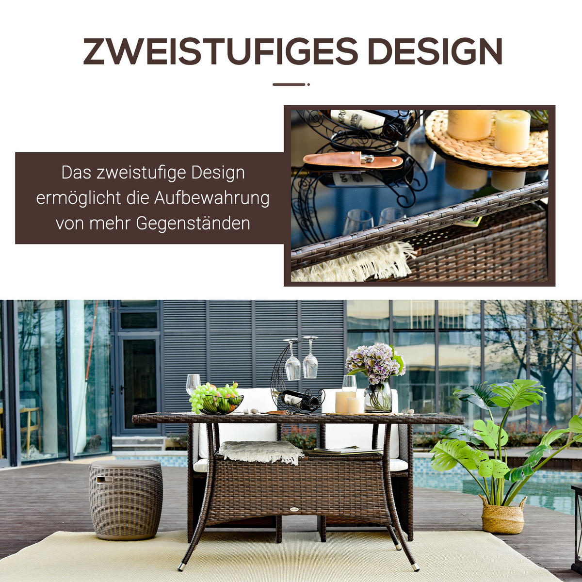 ESSTISCH, Braun + Schwarz, Metall, Sicherheitsglas, Polyrattan - Braun, Kunststoff (150/85/74cm) - Outsunny