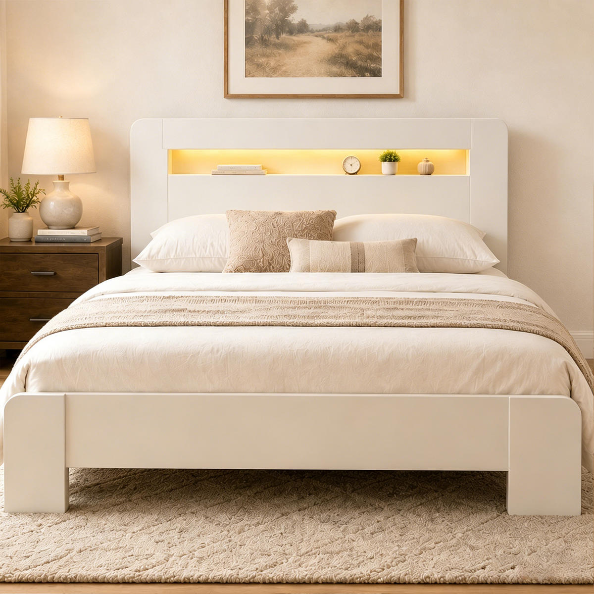 RAHMENBETT 140/200 cm in Weiß mit Stauraum, LED und Steckdosen - Weiß, Holz/Holzwerkstoff (140/200cm) - WISHDOR