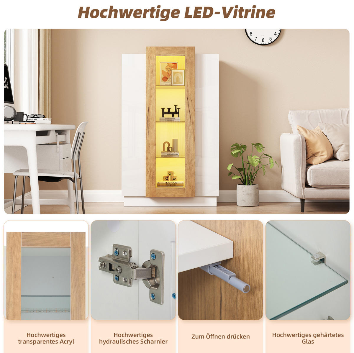 VITRINE 74/40/120 cm aus Spanplatte mit LED-Beleuchtung und Acrylfront Weiß/Natur - Weiß, Holzwerkstoff (74/120/40cm) - Modenvie