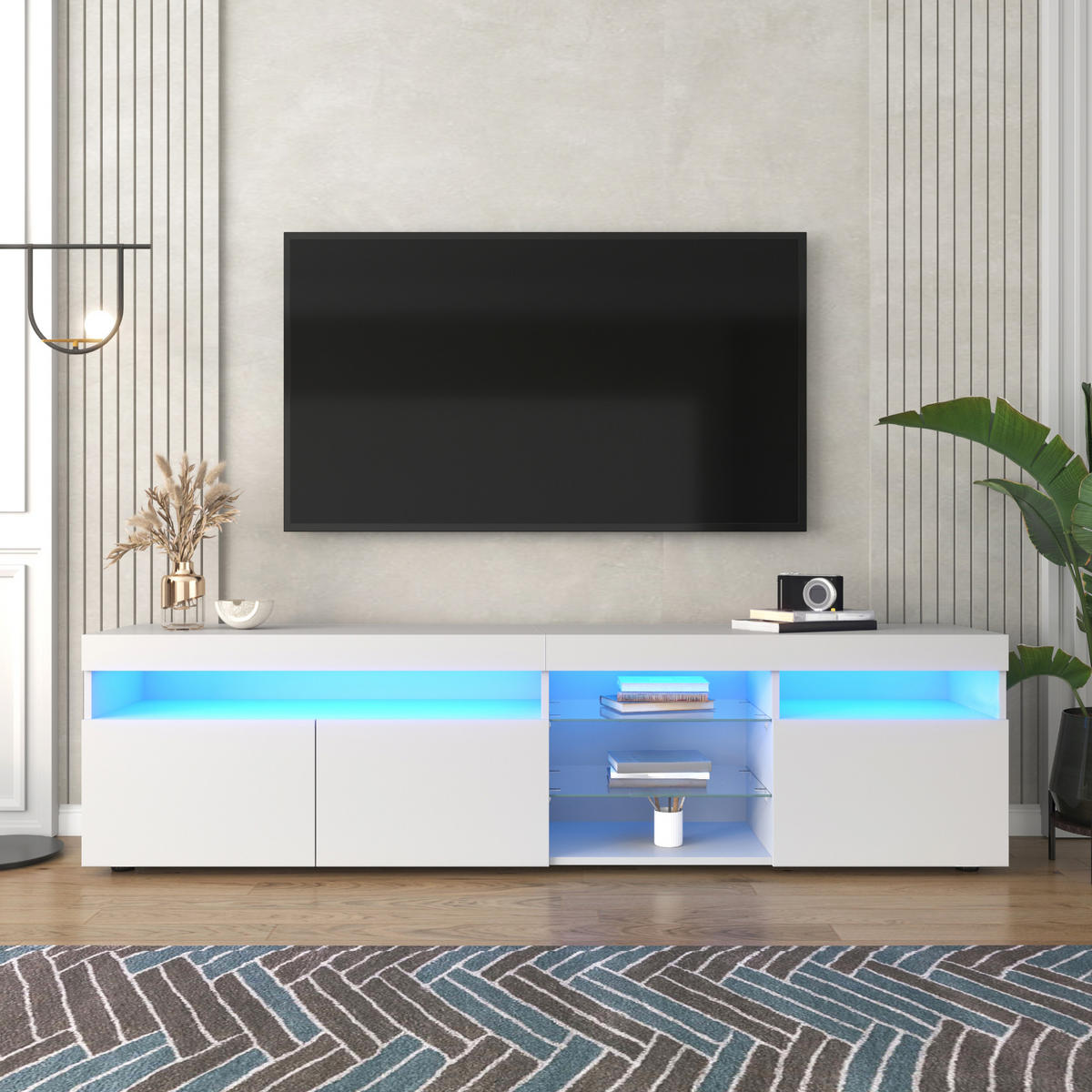 LOWBOARD in Weiß mit LED-Beleuchtung und Stauraum für Wohn- und Esszimmer, B180/T35/H48cm - Weiß, Glas/Holzwerkstoff (180/45/35cm) - STILVORA