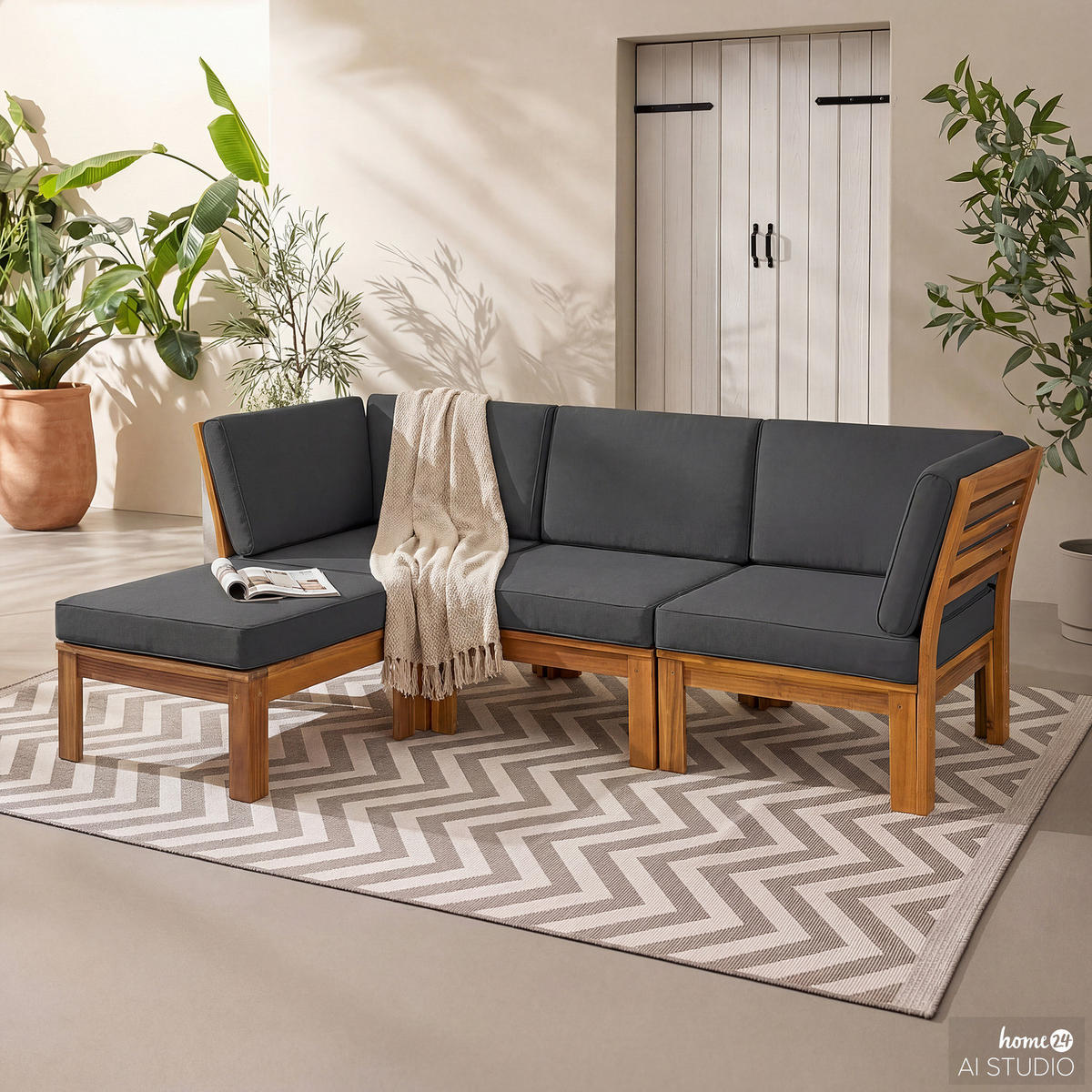 LOUNGESOFA - 4-teilig - Webstoff / Akazie massiv - Anthrazit, Holz/Textil - home24